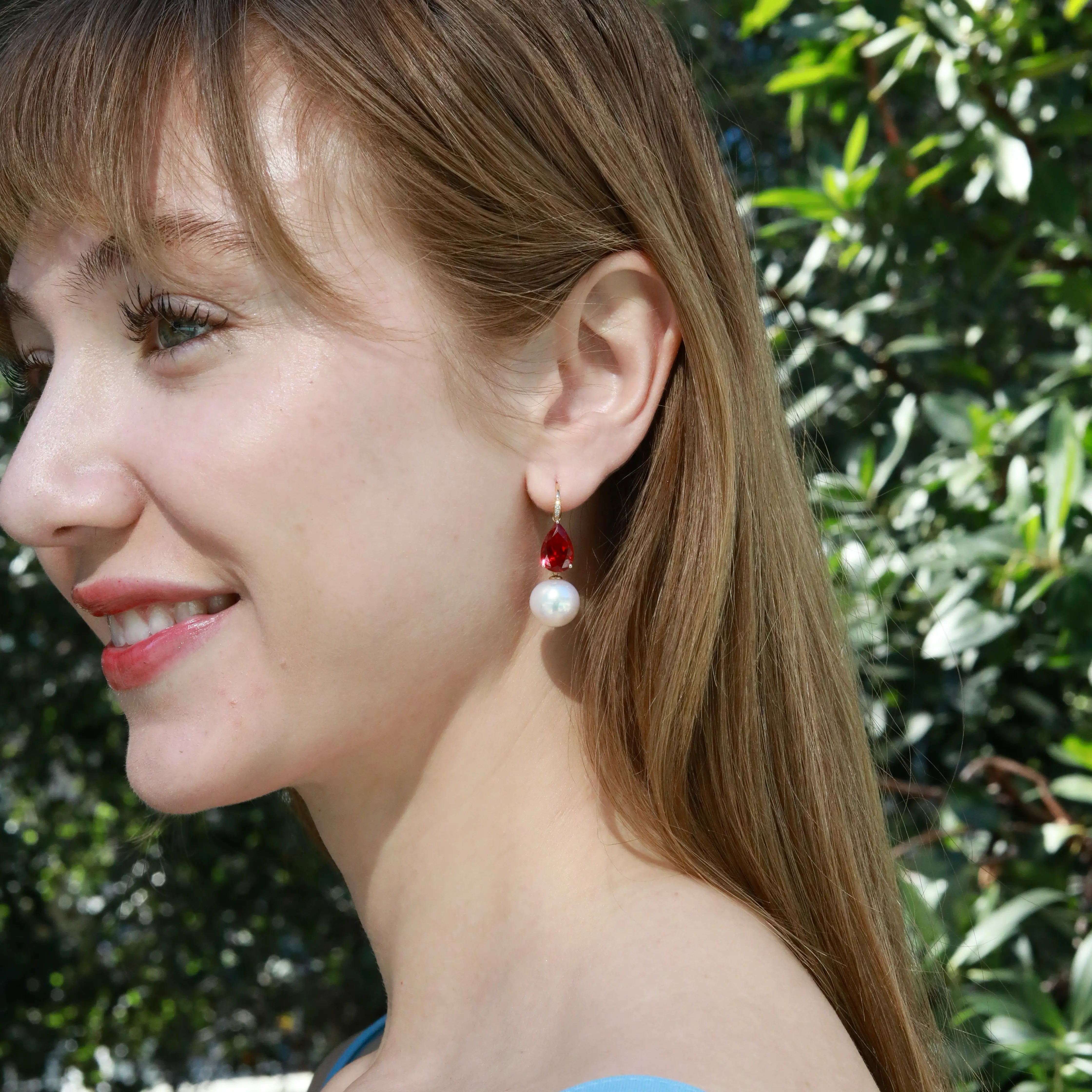 Radiant Pear 7.45ctw Lab-Grown Ruby Diamond Cultured Round Pearls Drop Earrings 14k gold