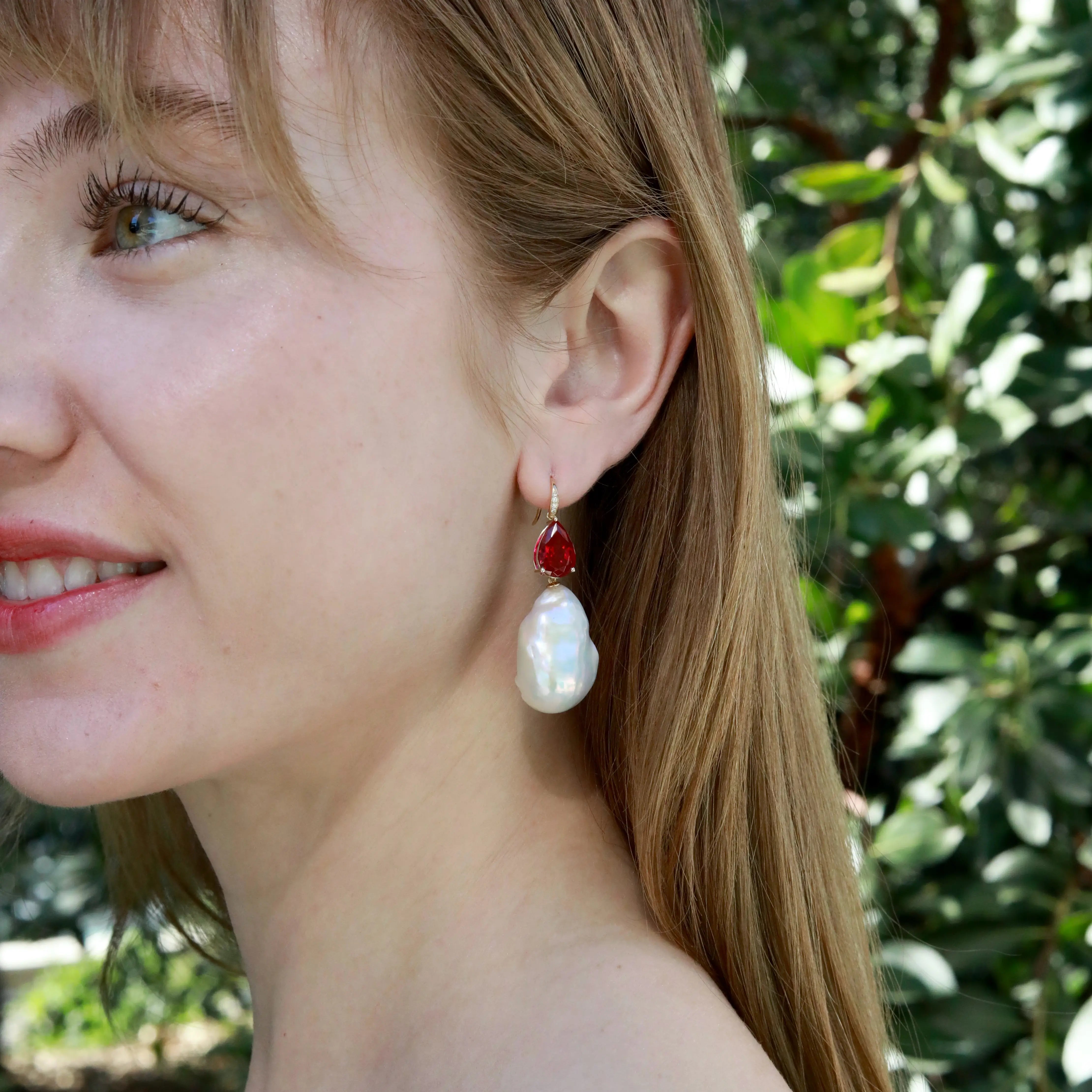 Radiant Pear 7.45ctw Lab-Grown Ruby Diamond Baroque Pearls Drop Earrings 14k gold