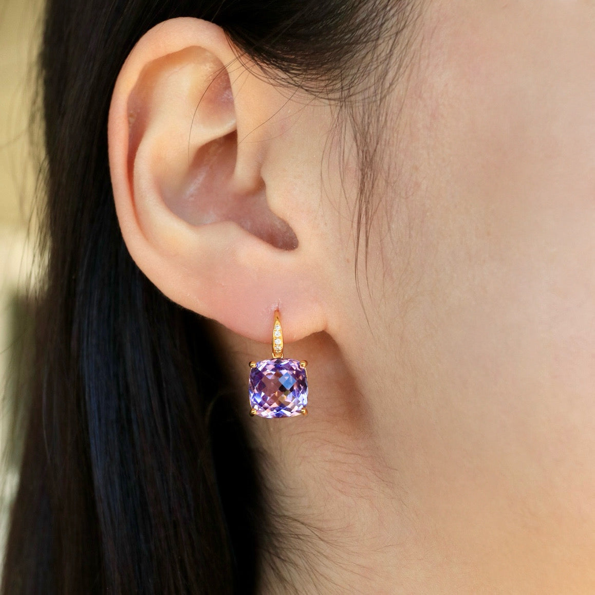 Radiant Cushion Amethyst Diamond Drop Earrings