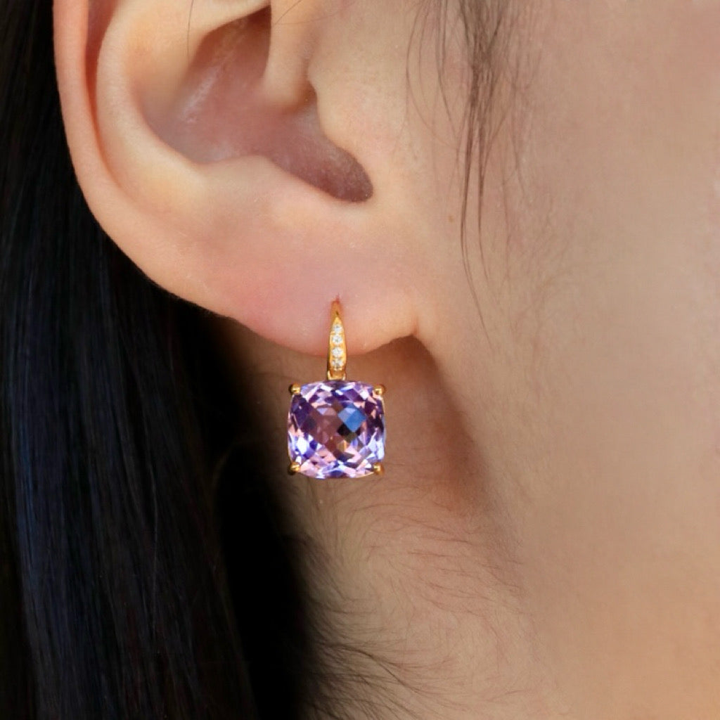 Radiant Cushion Amethyst Diamond Drop Earrings