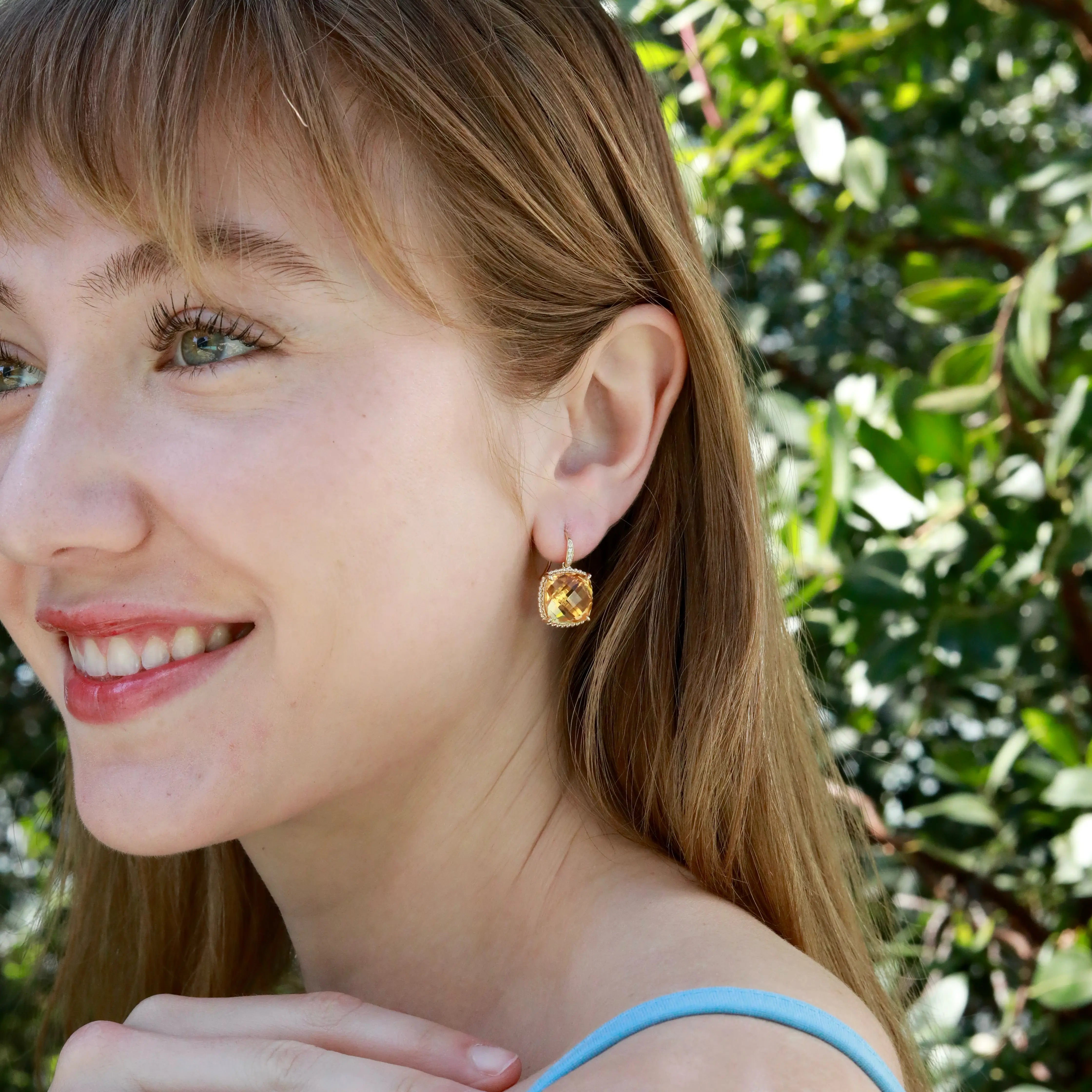 Reflection Cushion Natural 14.05ctw Citrine Diamond Drop Earrings in 14k yellow gold