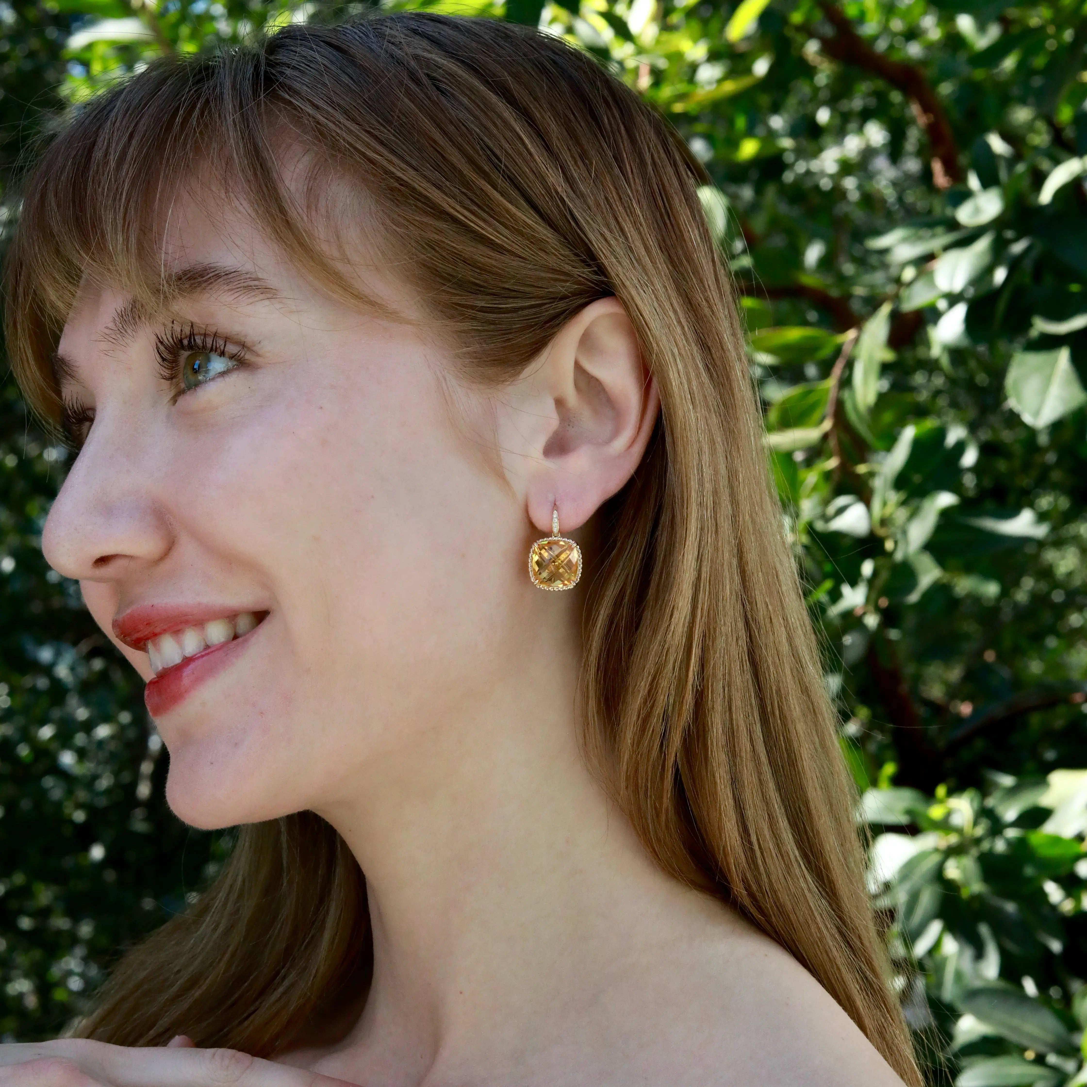 Reflection Cushion Natural 14.05ctw Citrine Diamond Drop Earrings in 14k yellow gold