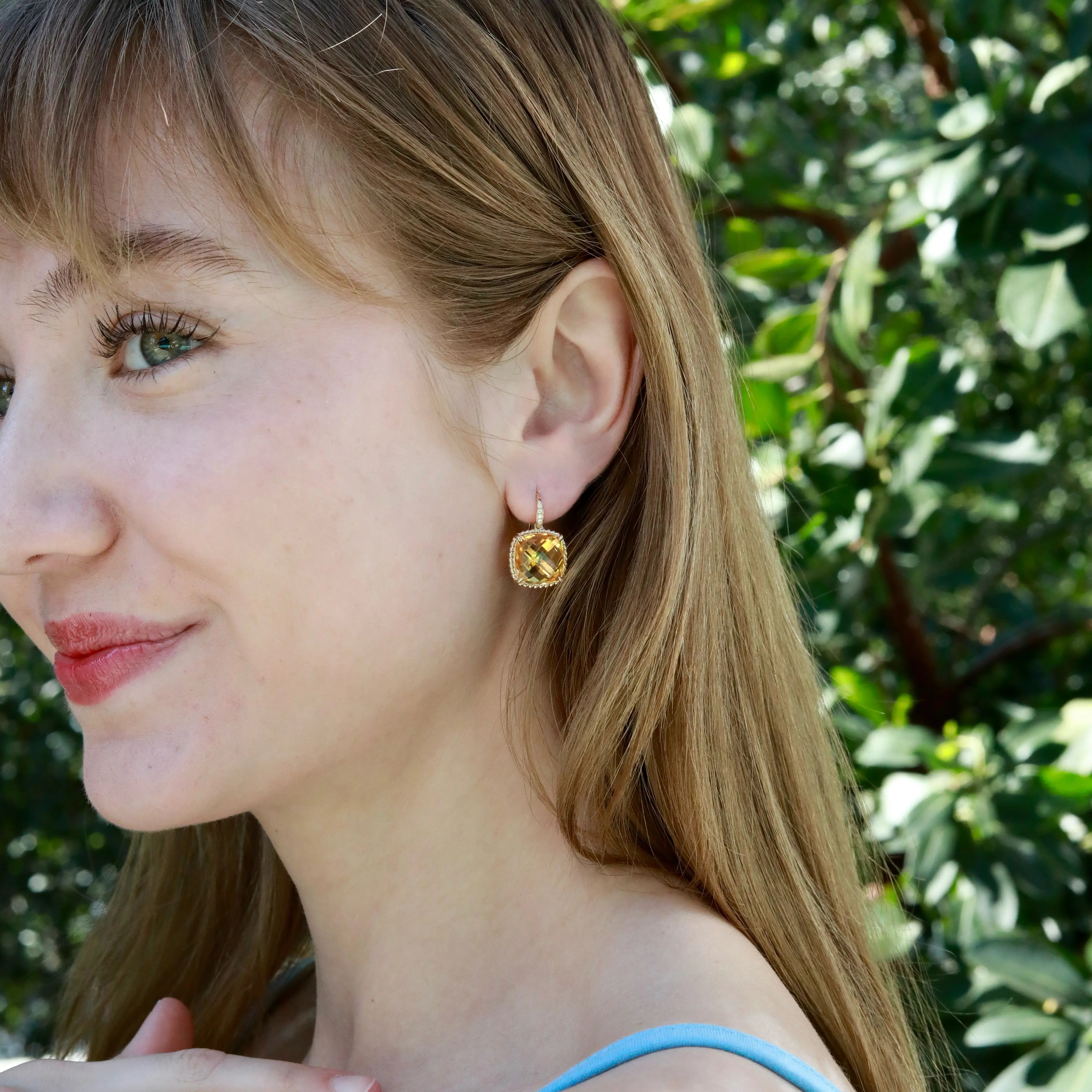 Reflection Cushion Natural 14.05ctw Citrine Diamond Drop Earrings in 14k yellow gold