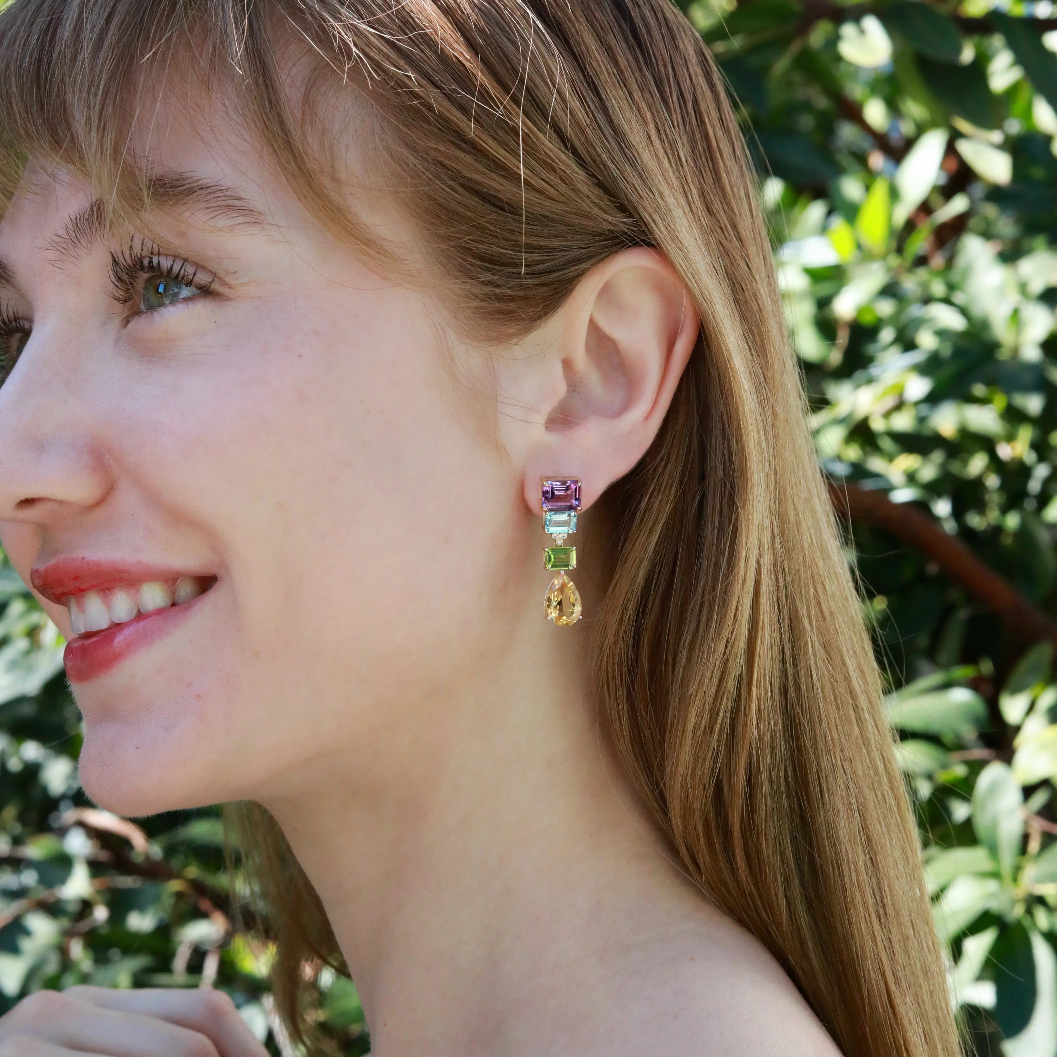 GemFusion Natural 14.45ctw Amethyst Topaz Peridot Citrine Diamond Convertible Drop Earrings in 14k yellow gold