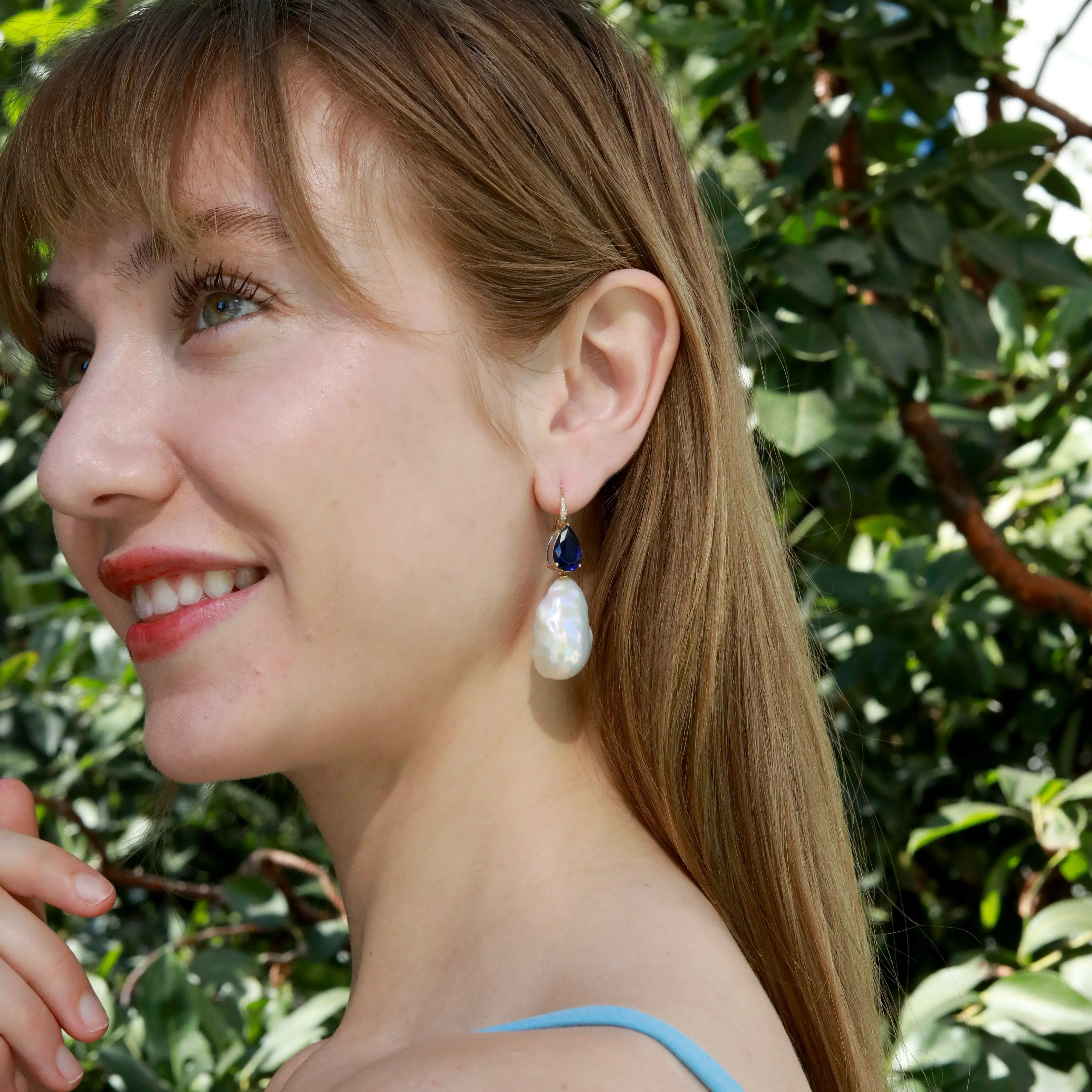 Radiant Pear 8.05ctw Lab-Grown Sapphrie & Diamond baroque pearl convertible Drop Earrings in 14k gold