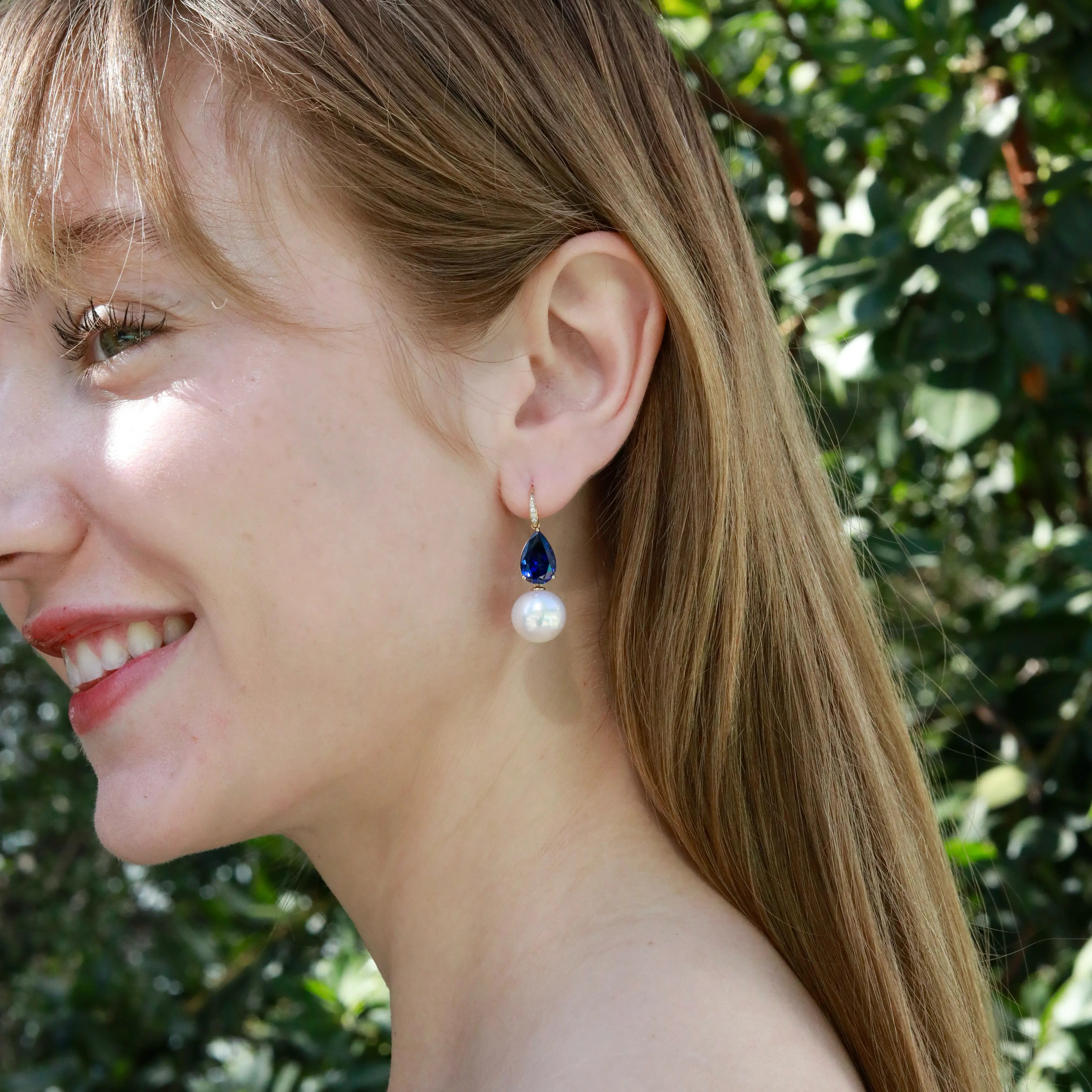 Radiant Pear 8.05ctw Lab-Grown Blue Sapphrie & Diamond Freshwater Pearls Convertible Drop Earrings in 14k gold