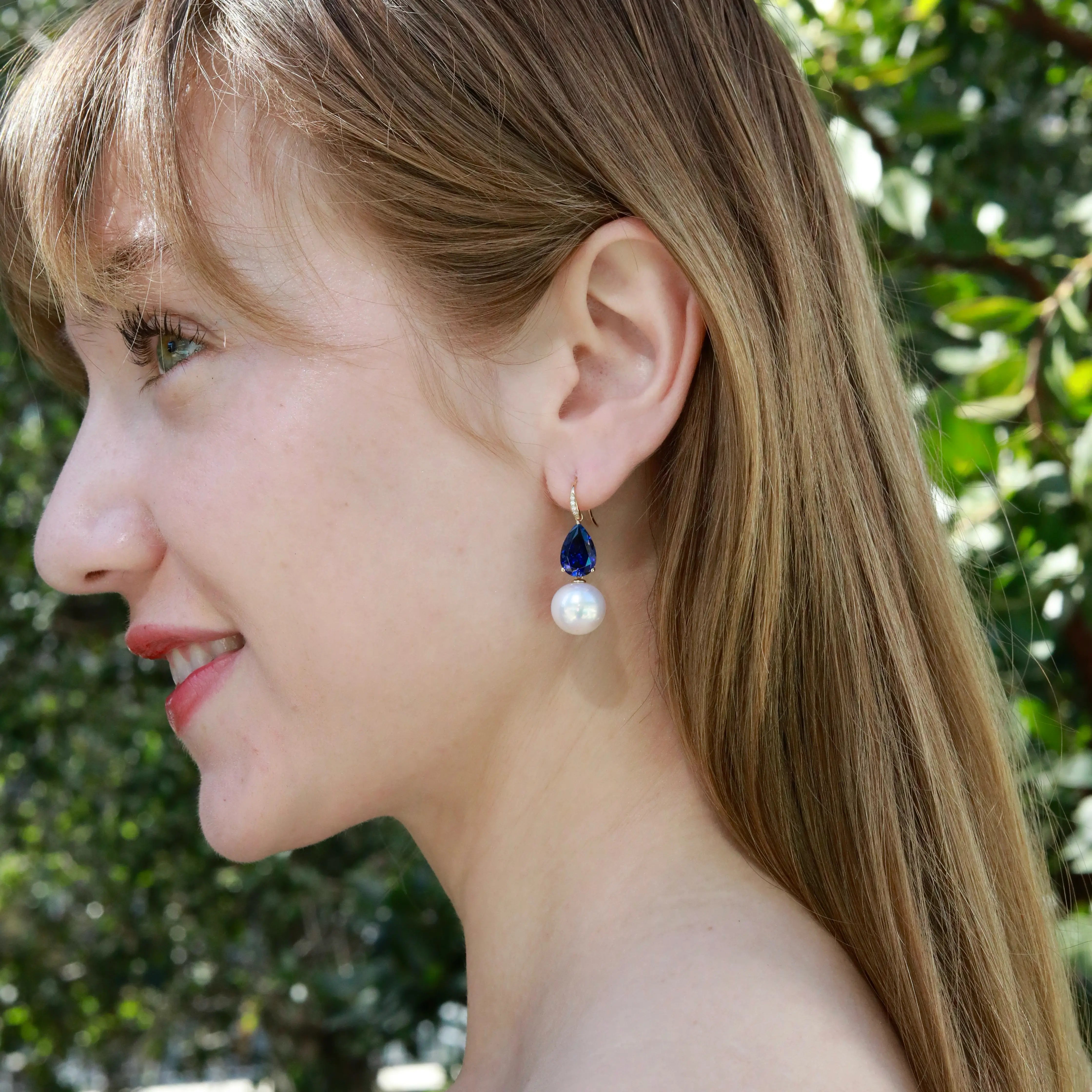 Radiant Pear 8.05ctw Lab-Grown Blue Sapphrie & Diamond Freshwater Pearls Convertible Drop Earrings in 14k gold