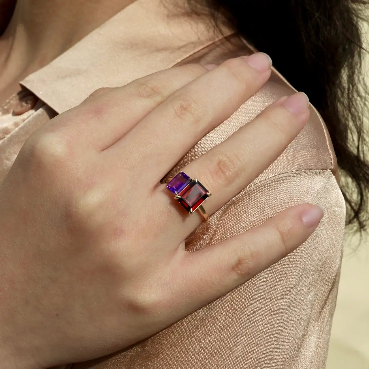 14k yellow gold amethyst garnet ring