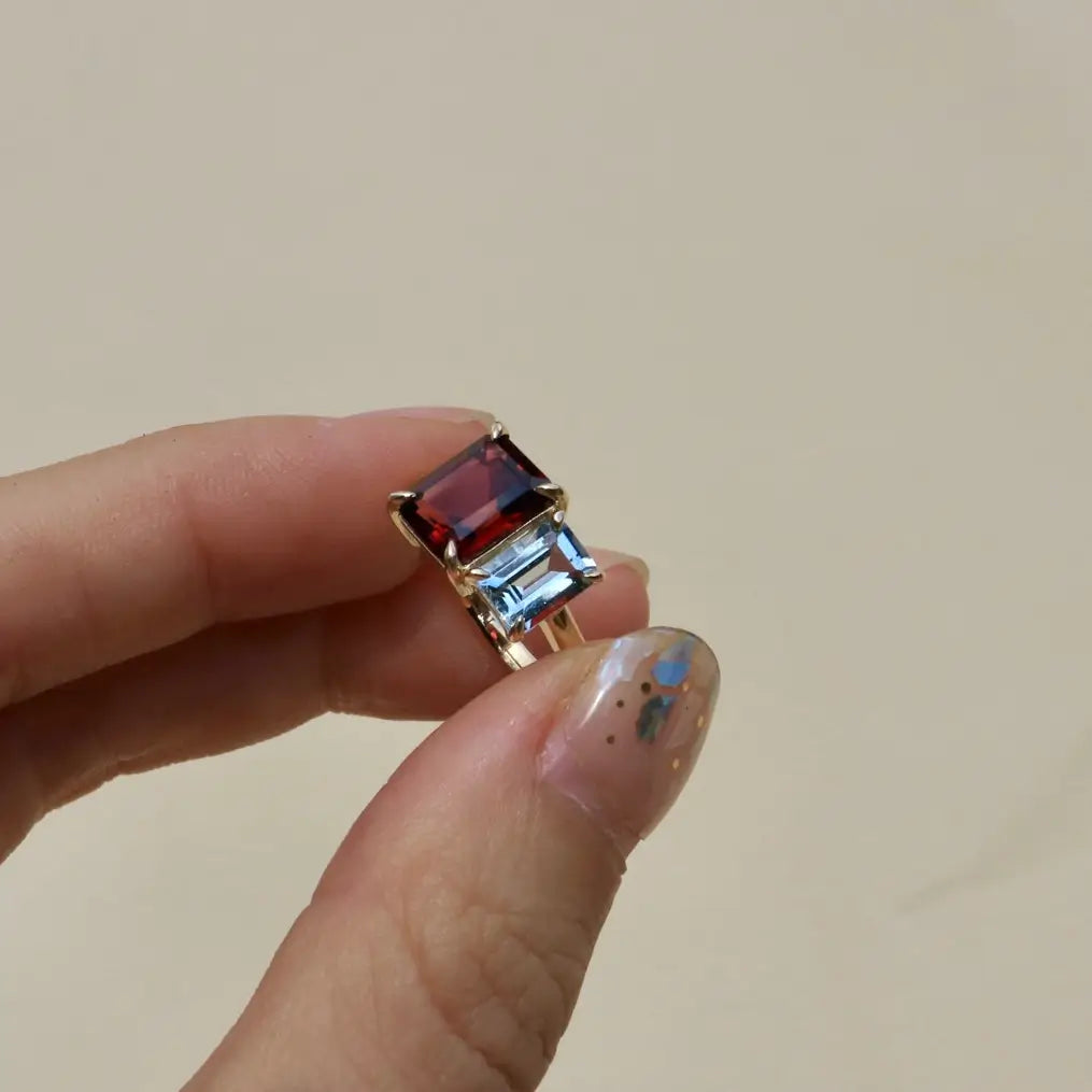 garnet aquamarine 14k gold ring