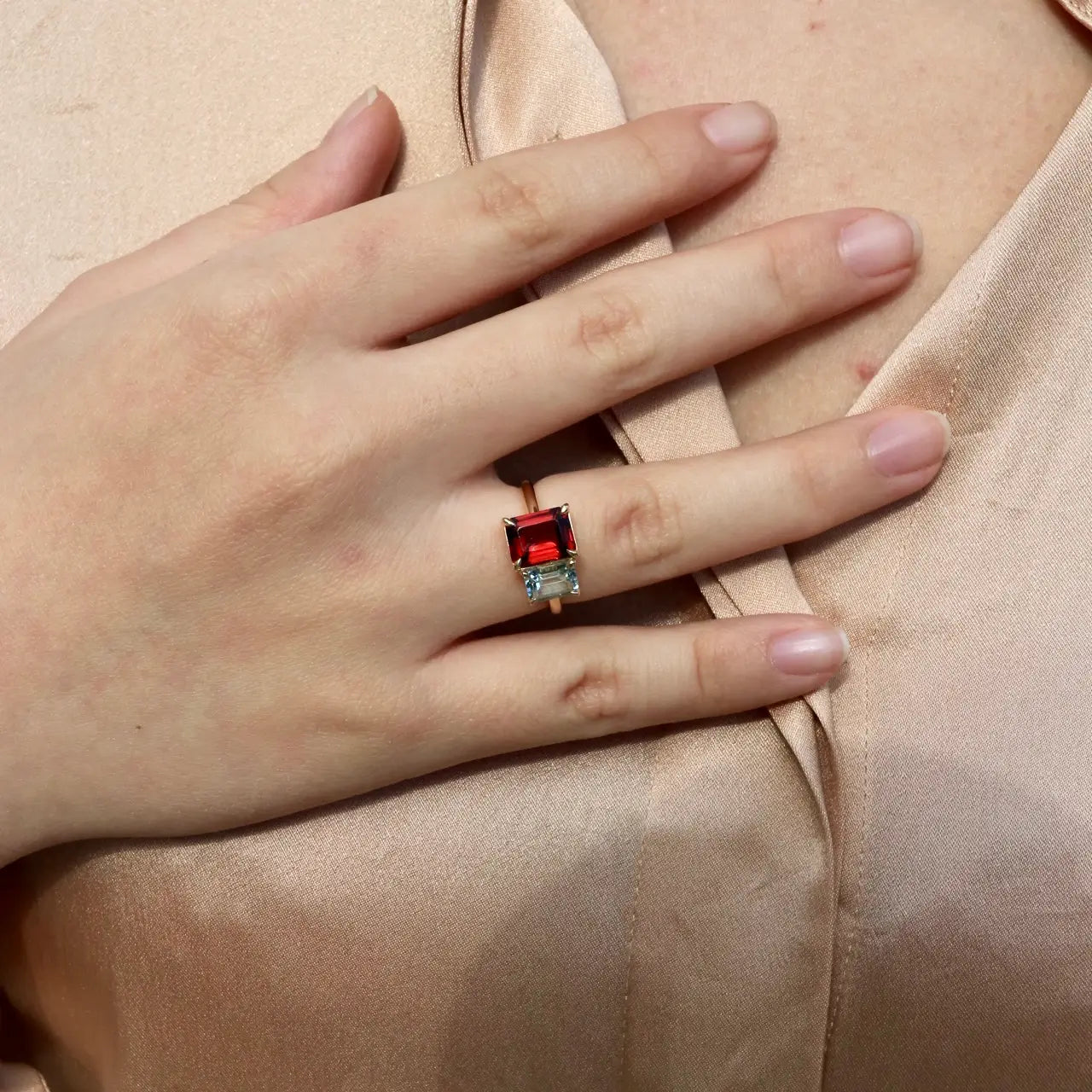 natural red garnet sky blue aquamarine 14k gold ring