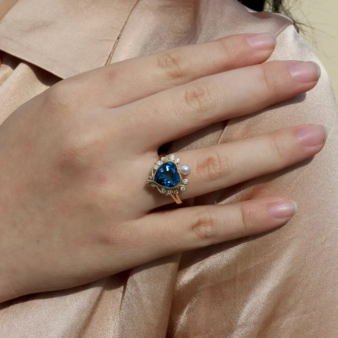 14k yellow gold heart london blue topaz diamond pearl cocktail ring