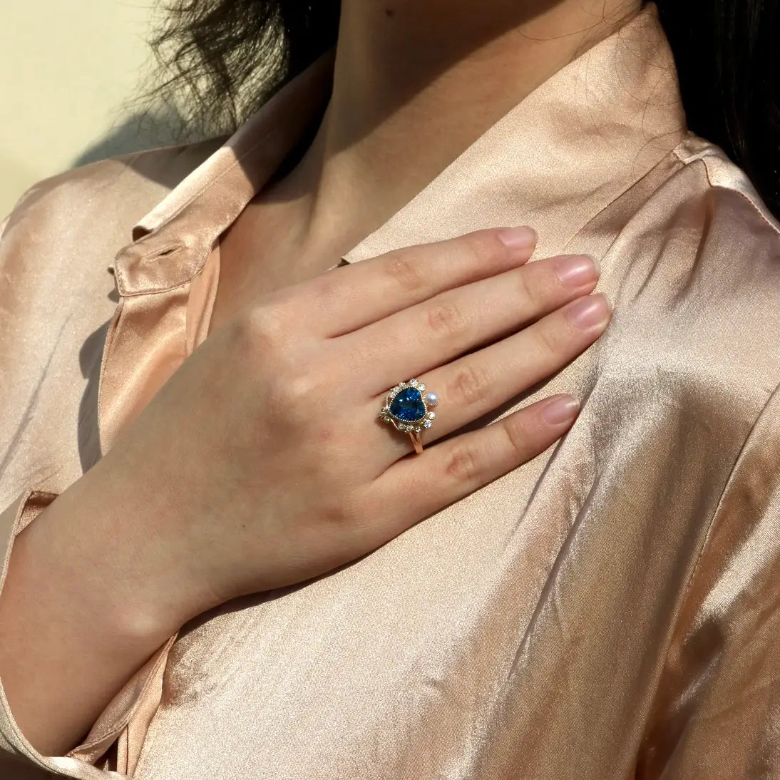 14k yellow gold london blue topaz heart cut pearl diamond cocktail ring