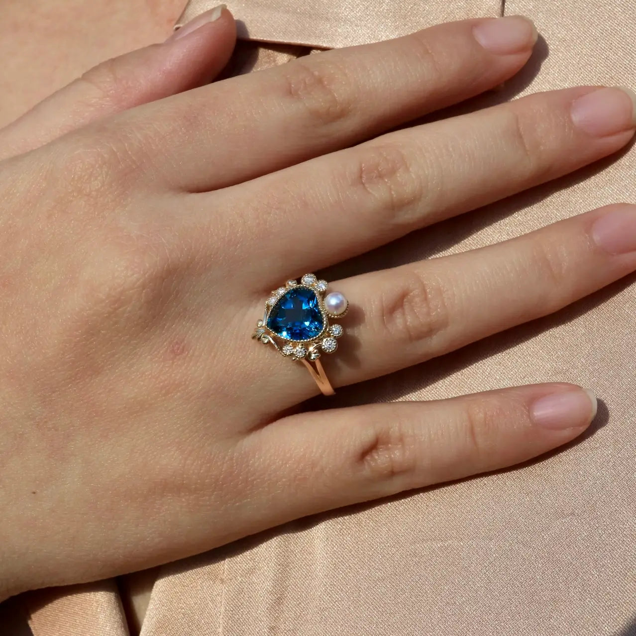 14k yellow gold london blue topaz pearl diamond cocktail ring