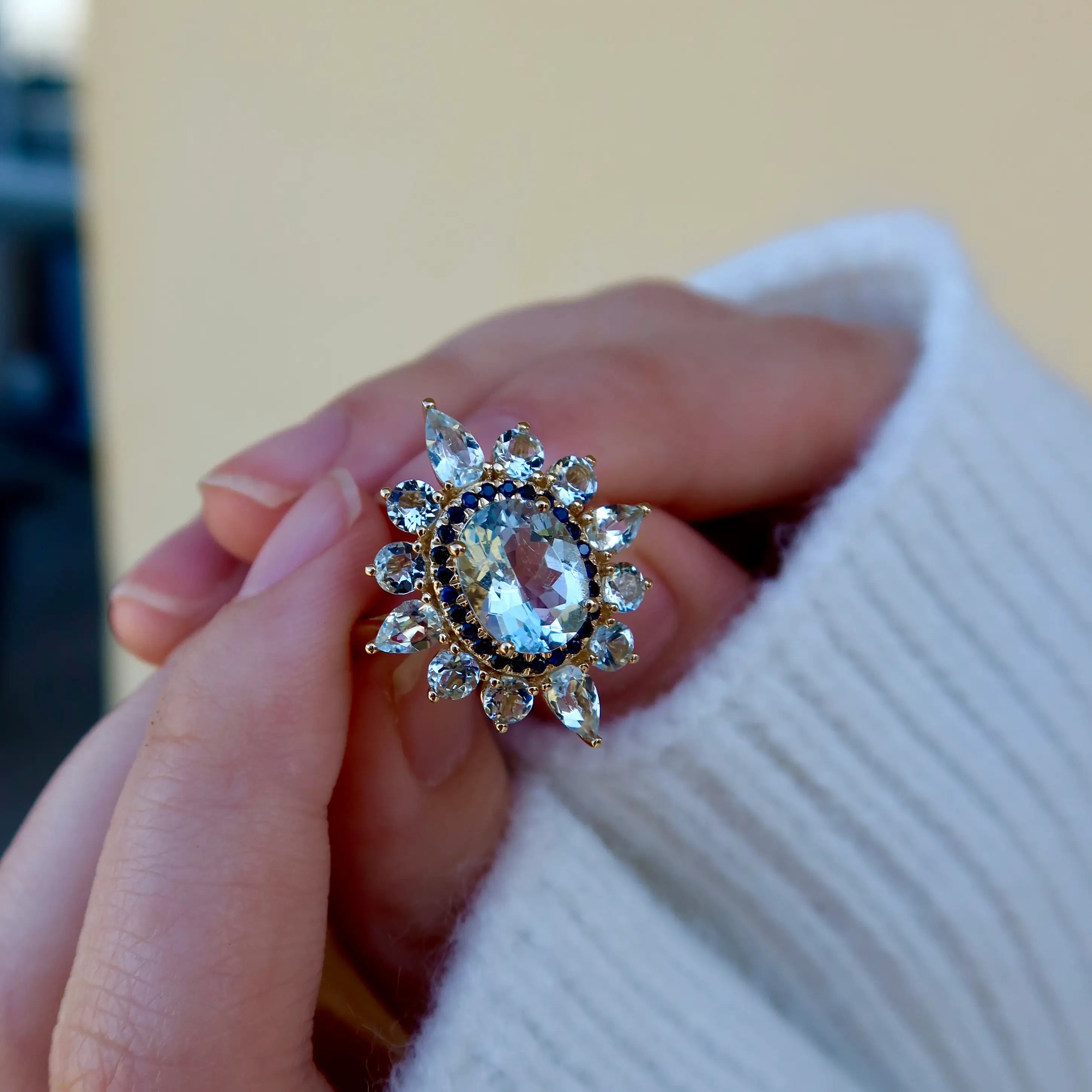 14k yellow gold sky blue aquamarine sapphire cocktail ring