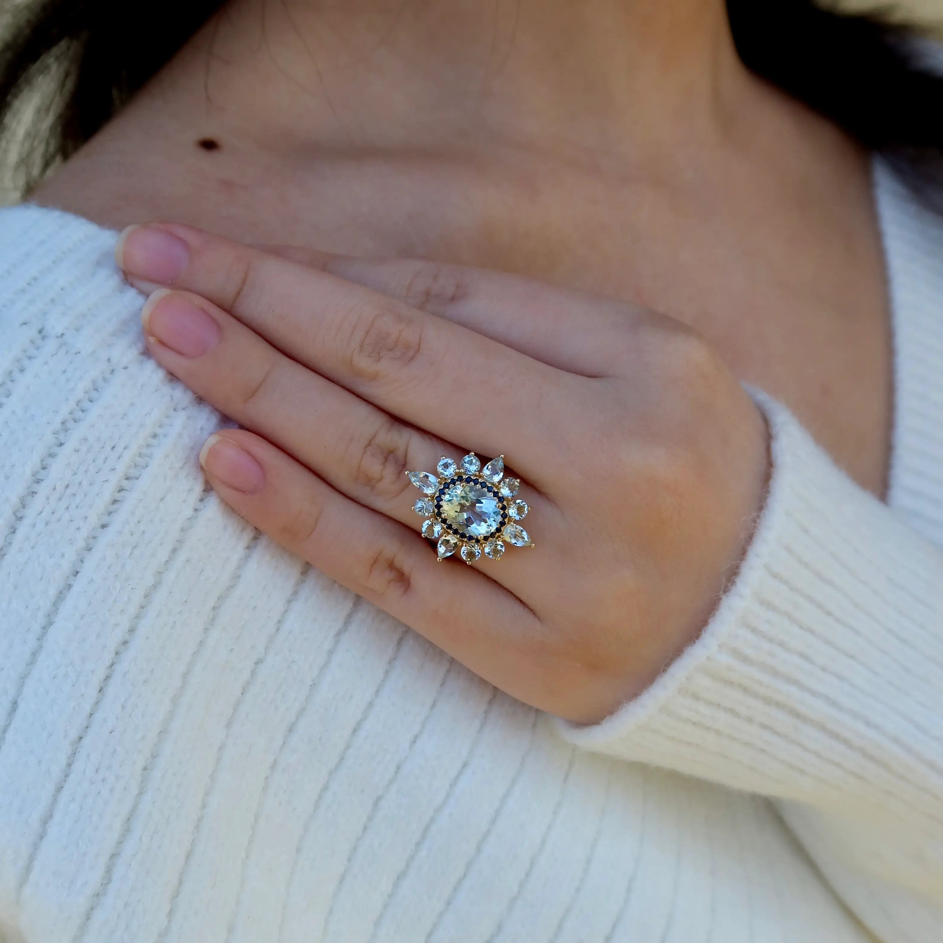 14k yellow gold sky blue aquamarine sapphire cocktail ring
