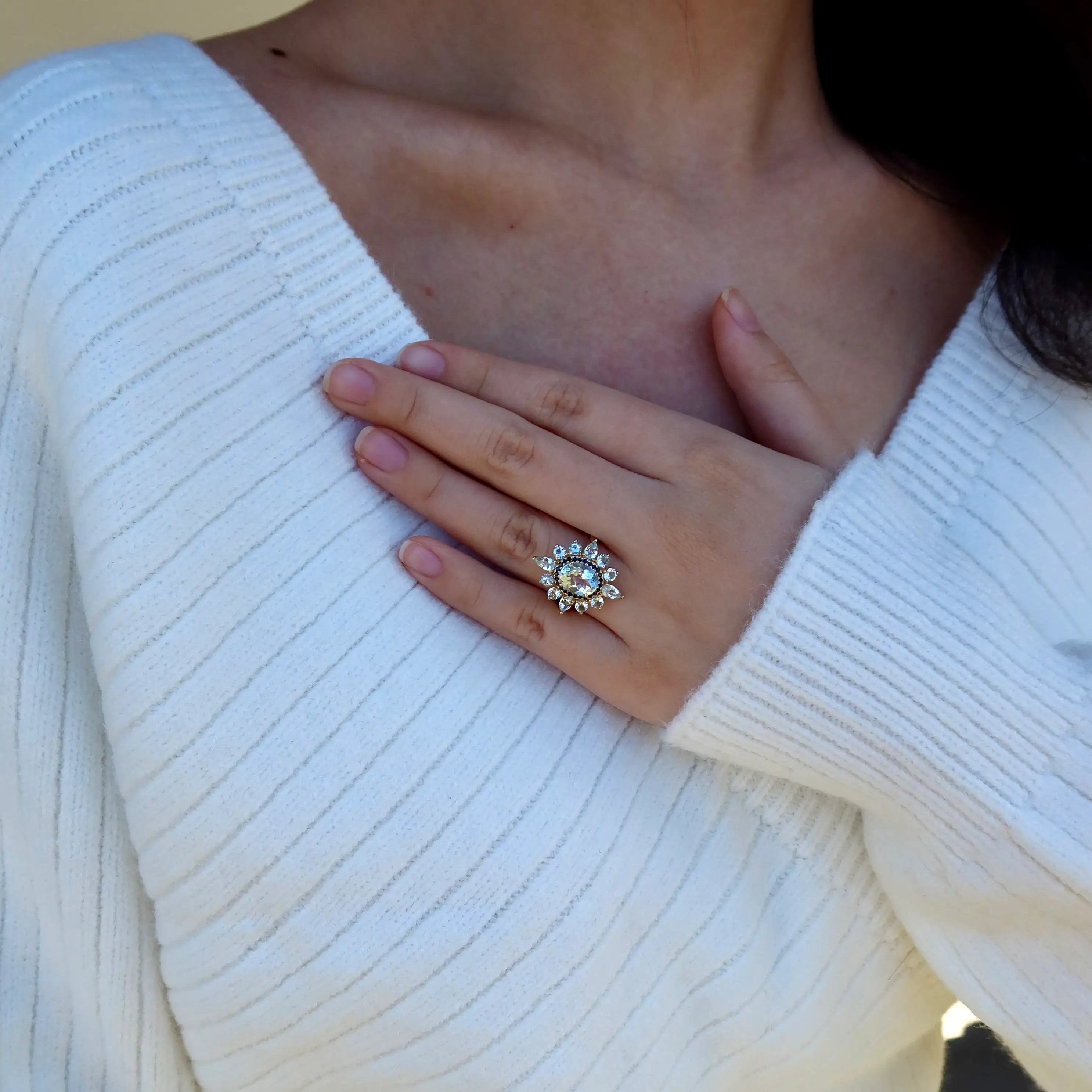 14k yellow gold sky blue aquamarine sapphire cocktail ring