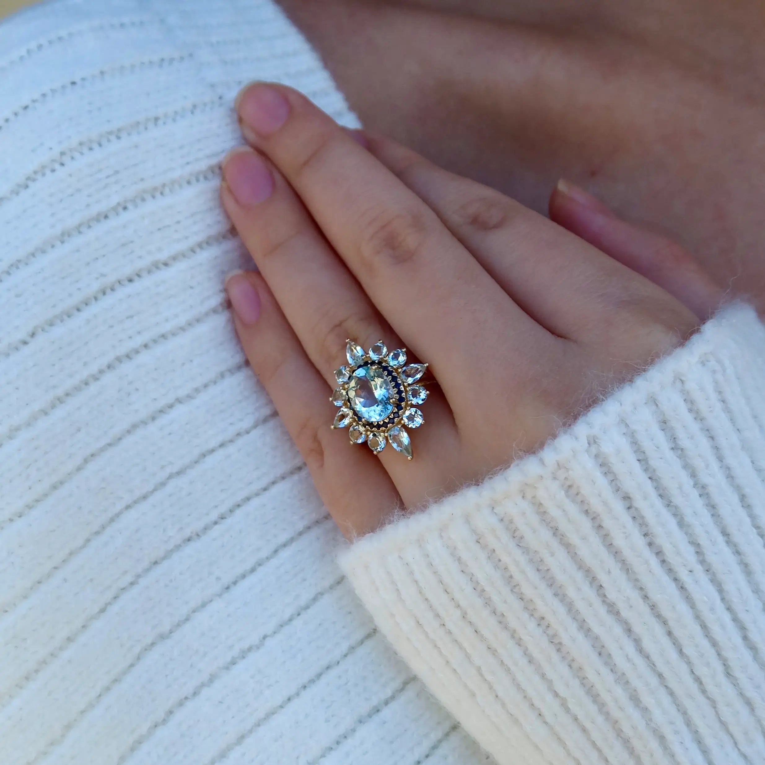 14k yellow gold natural sky blue aquamarine sapphire cocktail ring