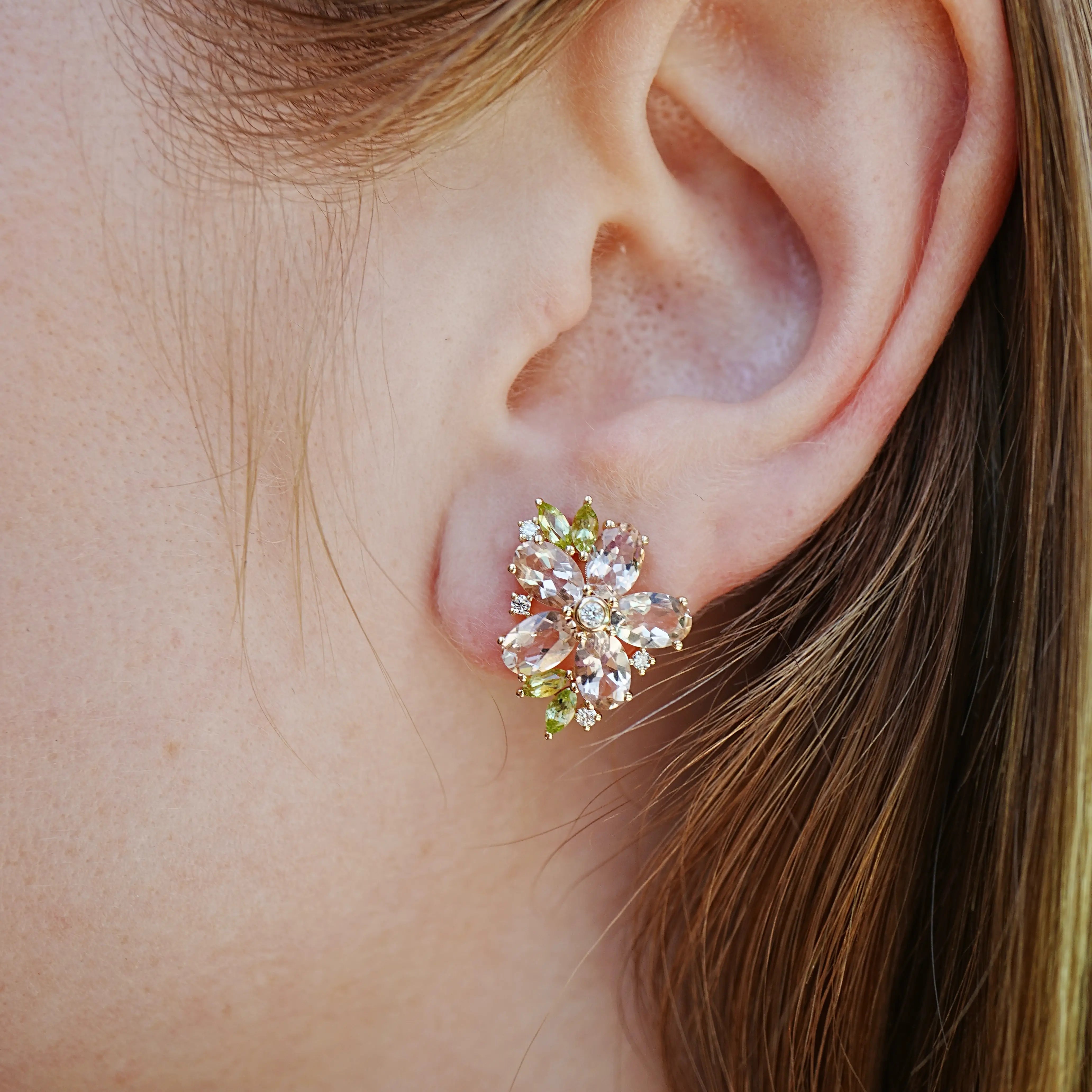 Nina Zhou x Kai Natural Morganite Peridot Diamond Blossom Earrings in 14k Gold
