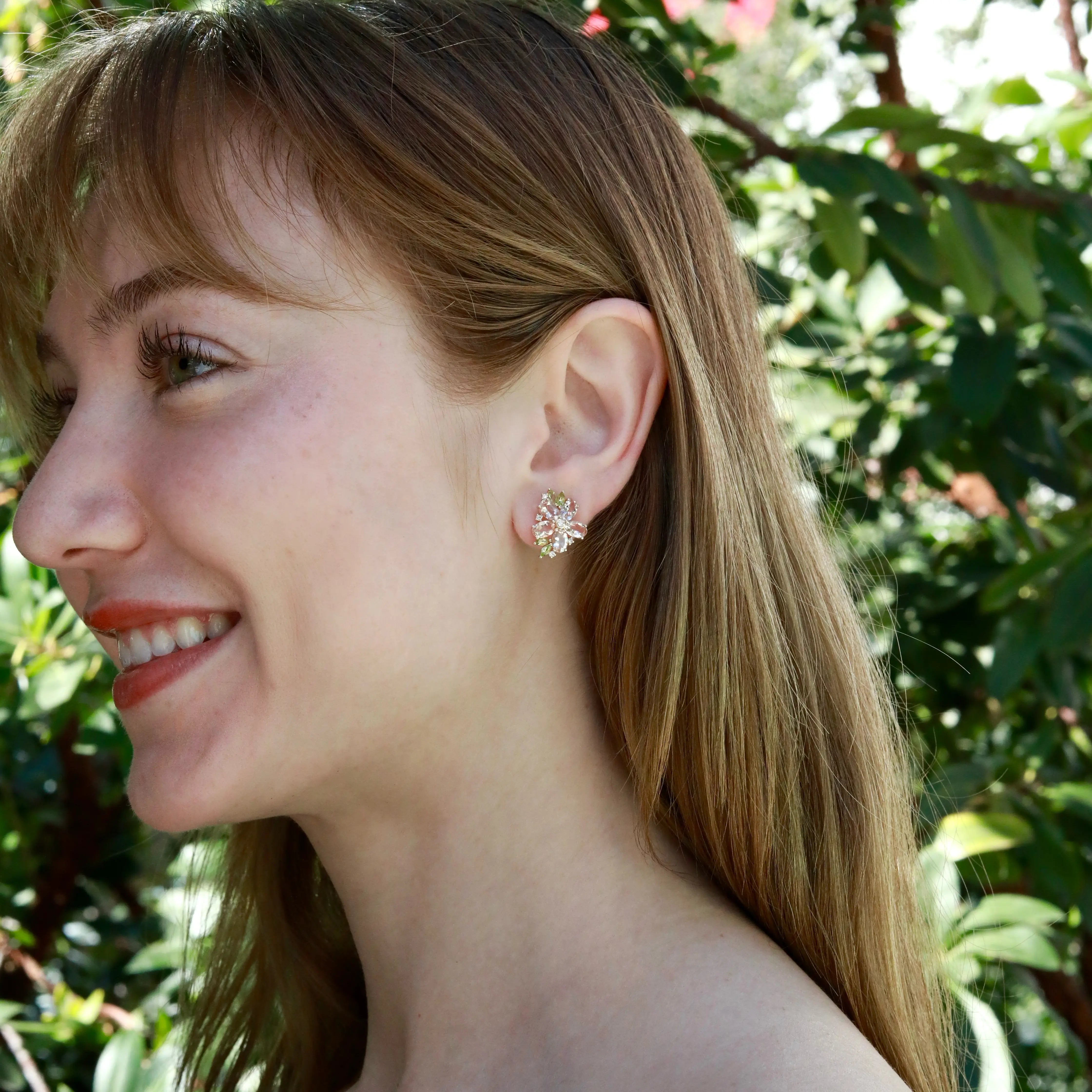 Nina Zhou x Kai Natural Morganite Peridot Diamond Blossom Earrings in 14k Gold