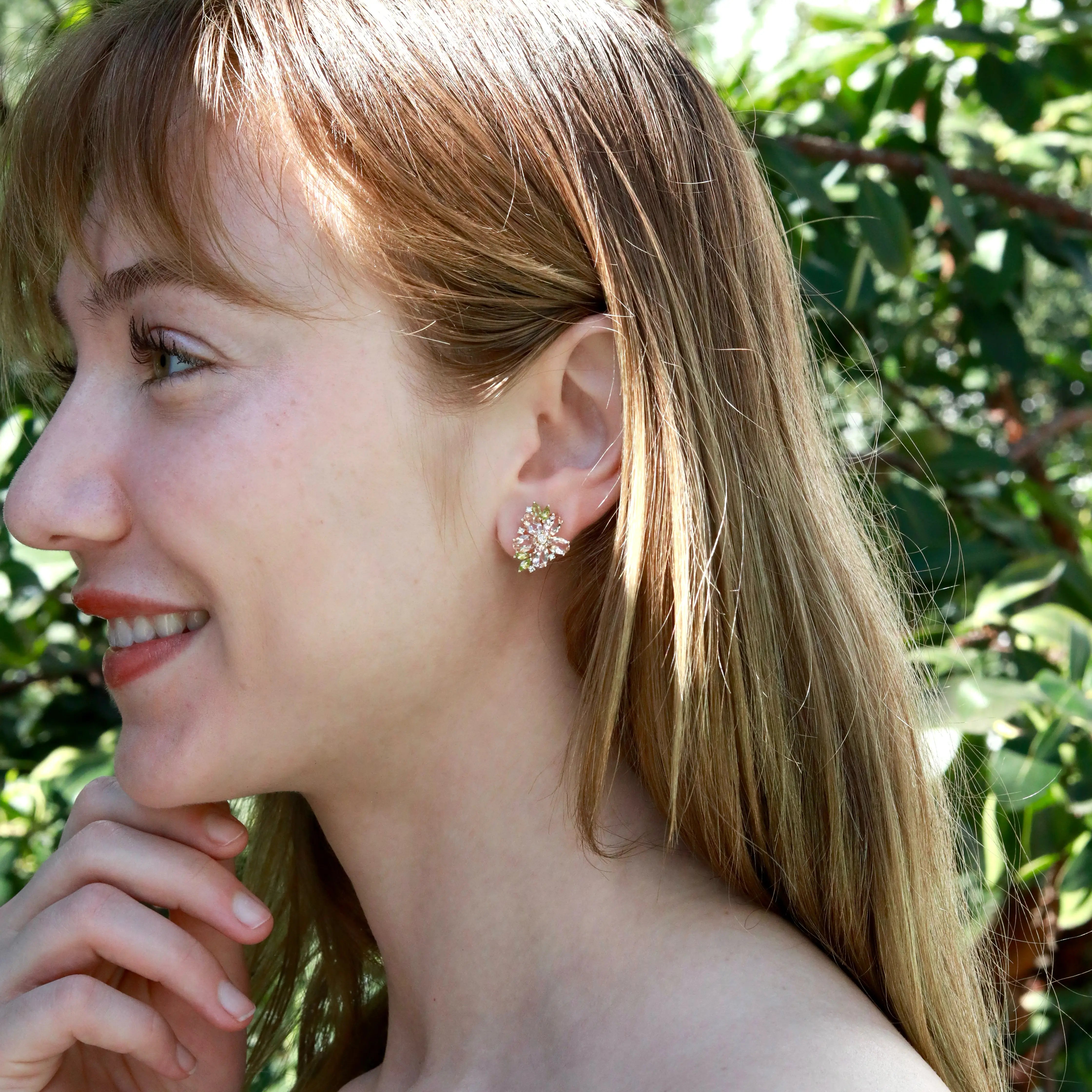 Nina Zhou x Kai Natural Morganite Peridot Diamond Blossom Earrings in 14k Gold