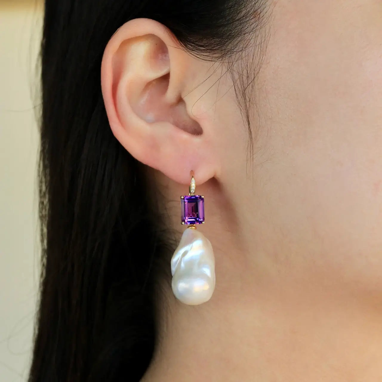 Radiant Emerald-Cut Amethyst Diamond Baroque Pearl Convertible Drop Earrings