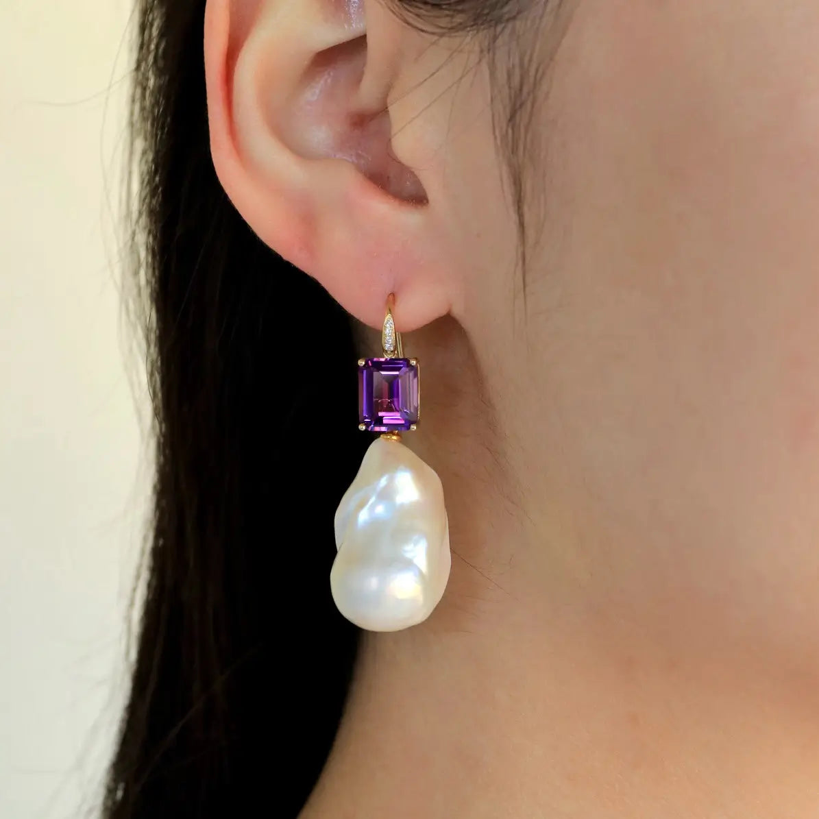 Radiant Emerald-Cut Amethyst Diamond Baroque Pearl Convertible Drop Earrings