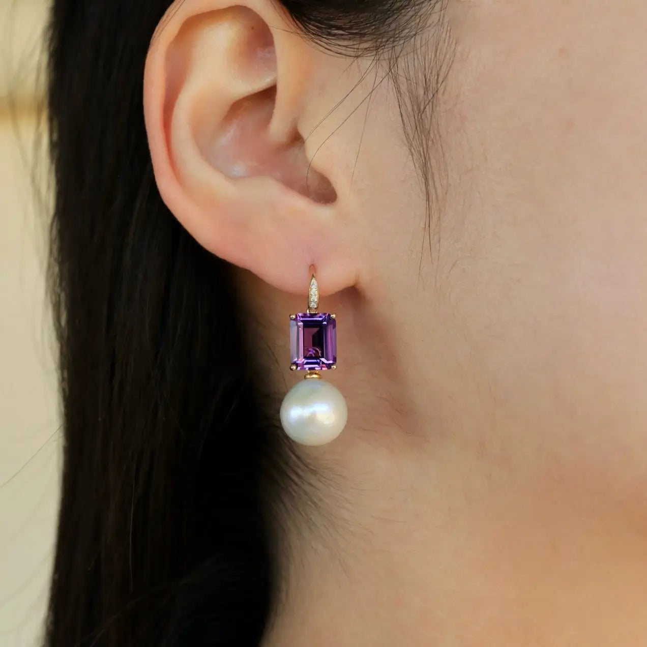 Radiant Emerald-Cut Amethyst Diamond Pearl Convertible Drop Earrings