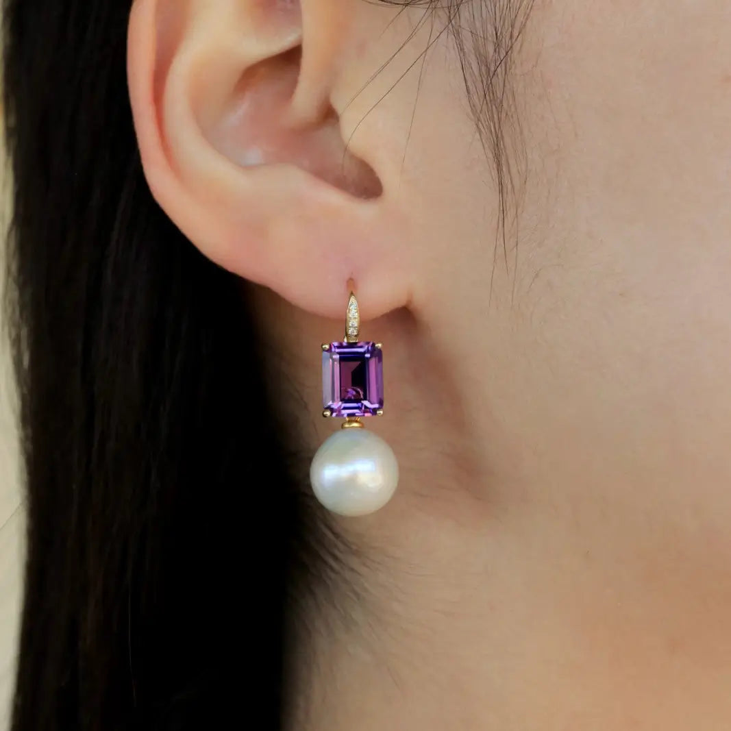 Radiant Emerald-Cut Amethyst Diamond Pearl Convertible Drop Earrings