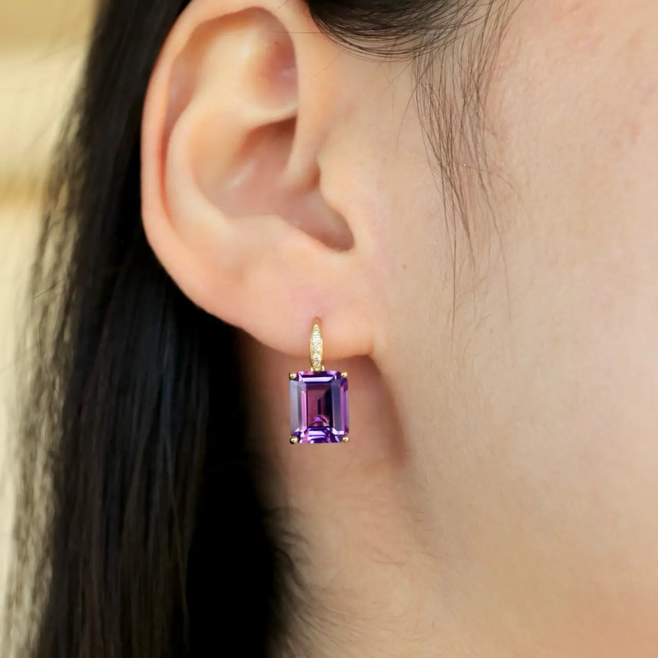 Radiant Natural Emerald-Cut Amethyst Diamond Drop Earrings 14k yellow gold