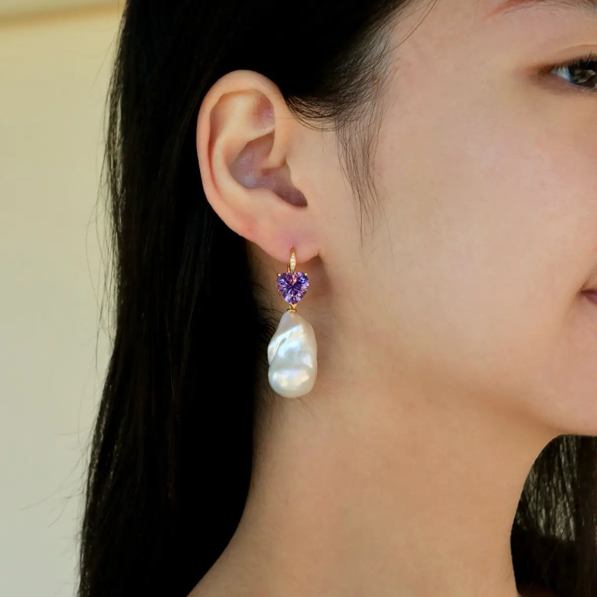 Radiant Heart Amethyst Diamond Baroque Pearl Convertible Drop Earrings