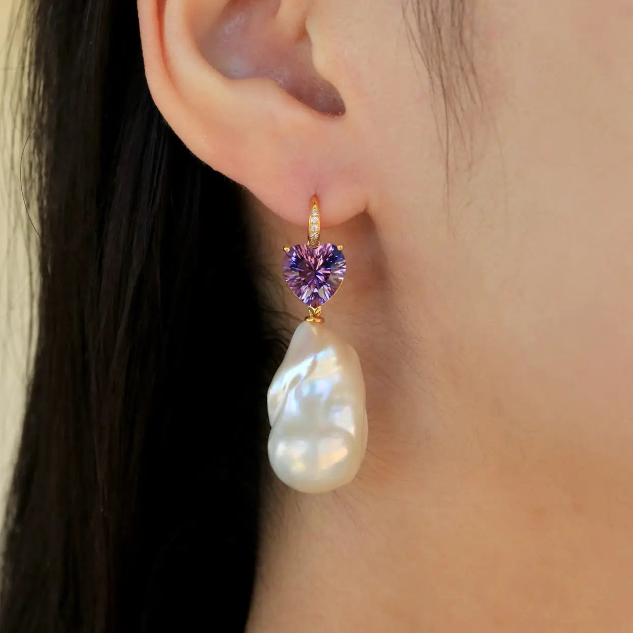 Radiant Heart Amethyst Diamond Baroque Pearl Convertible Drop Earrings