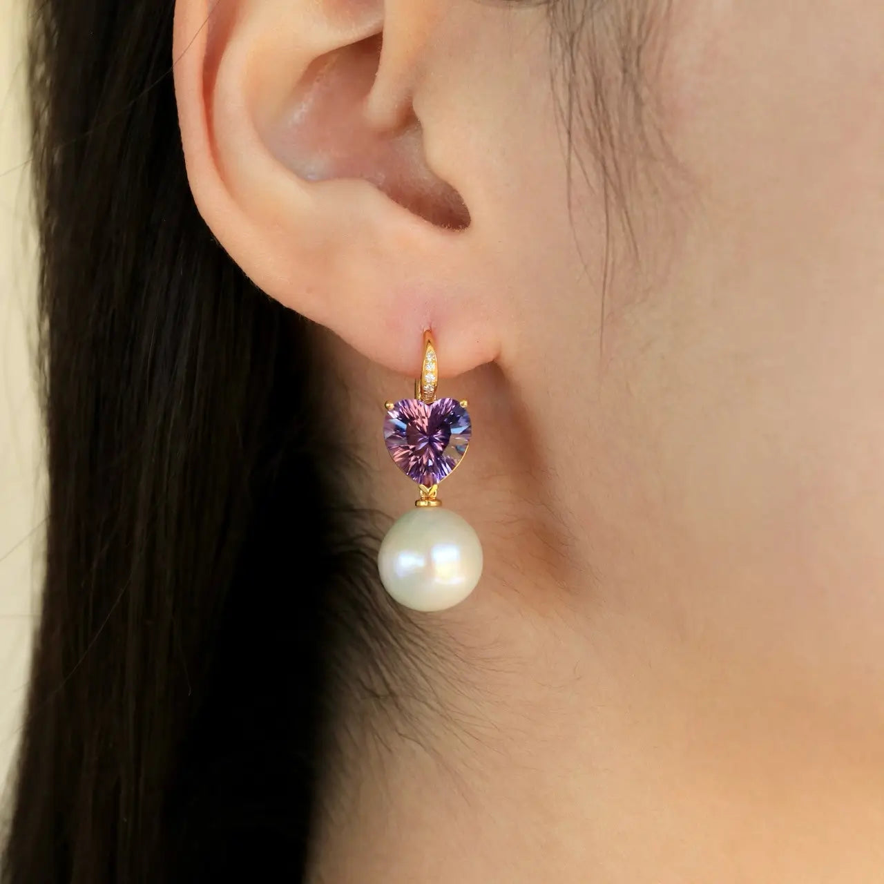 Radiant Heart Amethyst Diamond Pearl Convertible Drop Earrings