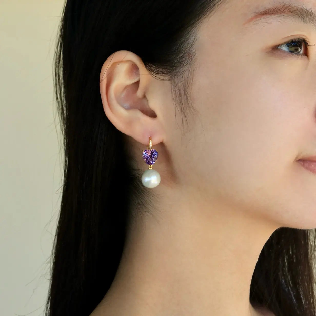 Radiant Heart Amethyst Diamond Pearl Convertible Drop Earrings