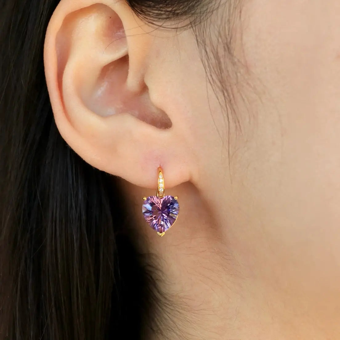 Radiant Heart Amethyst Diamond Drop Earrings