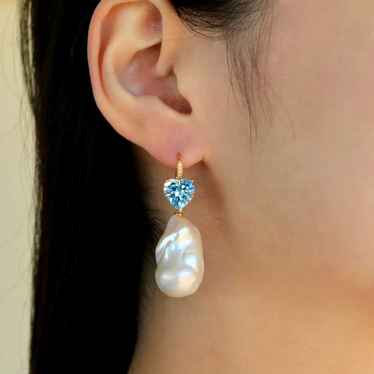 Radiant Heart Topaz Diamond Baroque Pearl Convertible Drop Earrings