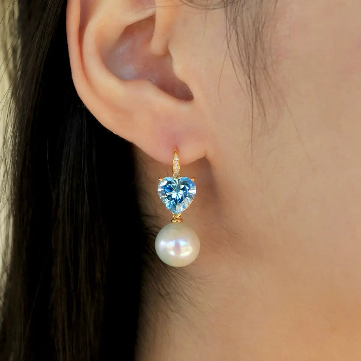 Radiant Heart Topaz Diamond Pearl Convertible Drop Earrings