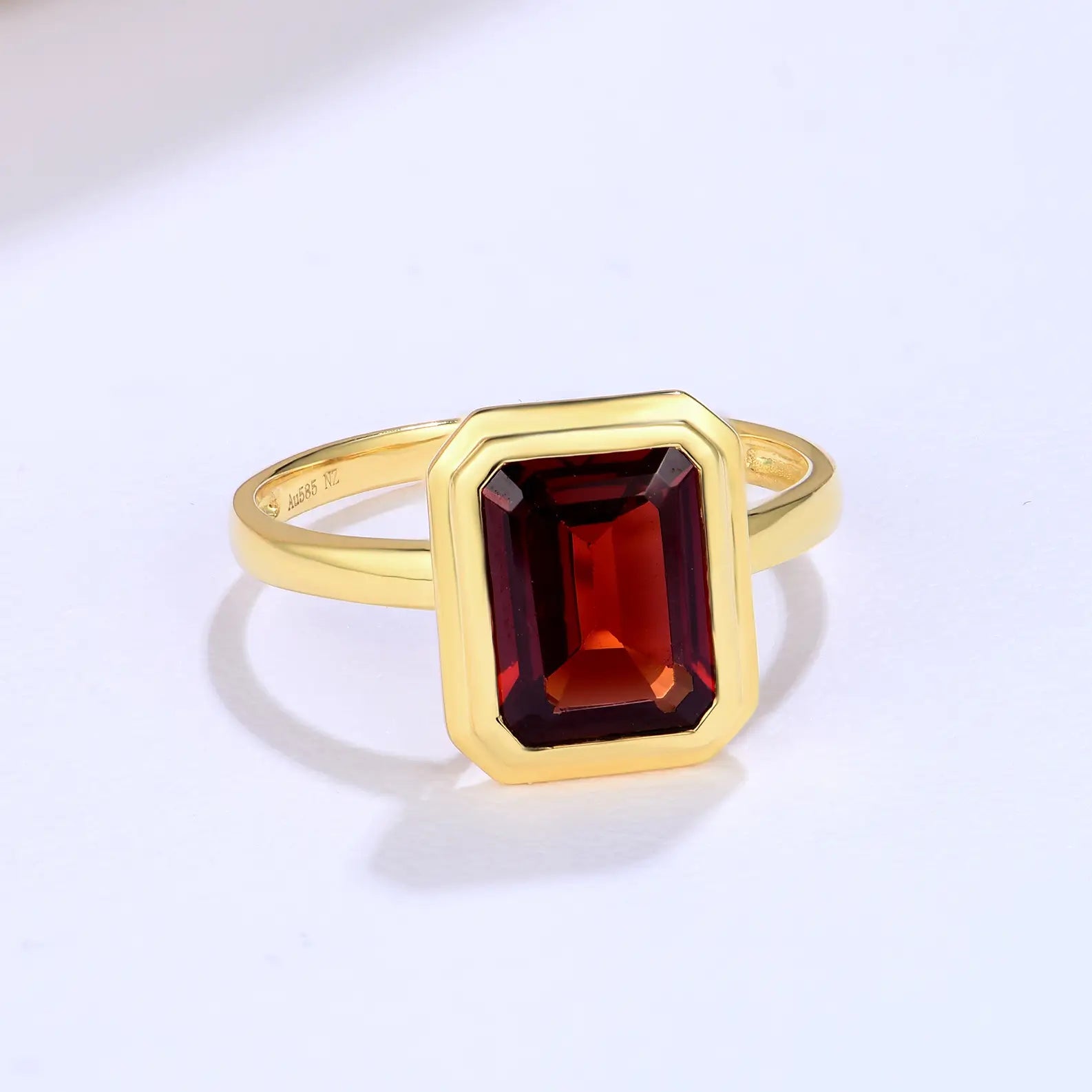 14K Solid Yellow Gold Emerald-Cut Natural Garnet Ring