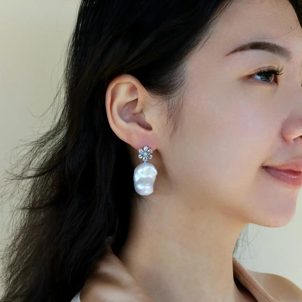 Flora Blossom Aquamarine Diamond Baroque Pearl Convertible Drop Earrings