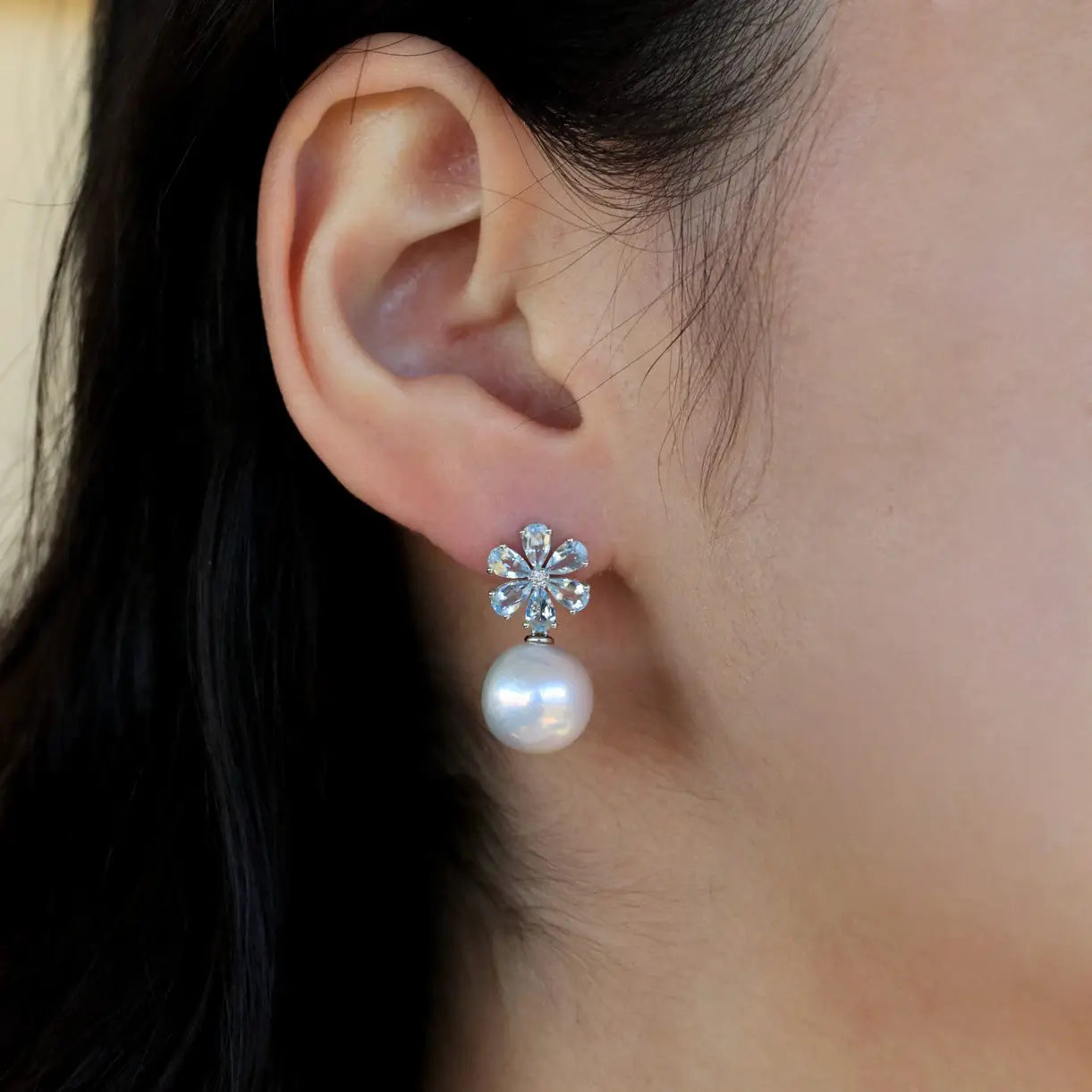 Flora Blossom Aquamarine Diamond Pearl Convertible Drop Earrings