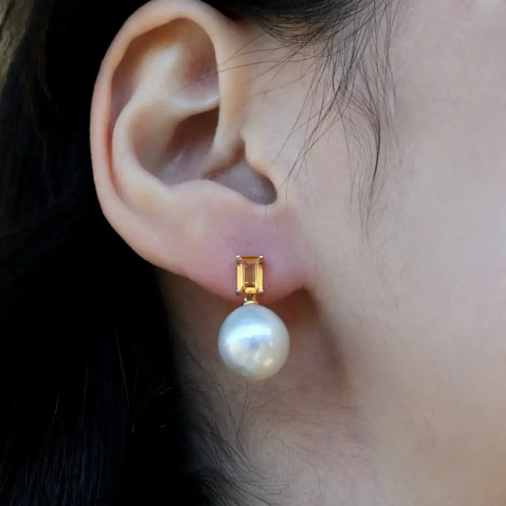 14k yellow gold yellow citrine cultured round baroque pearl convertible earrings