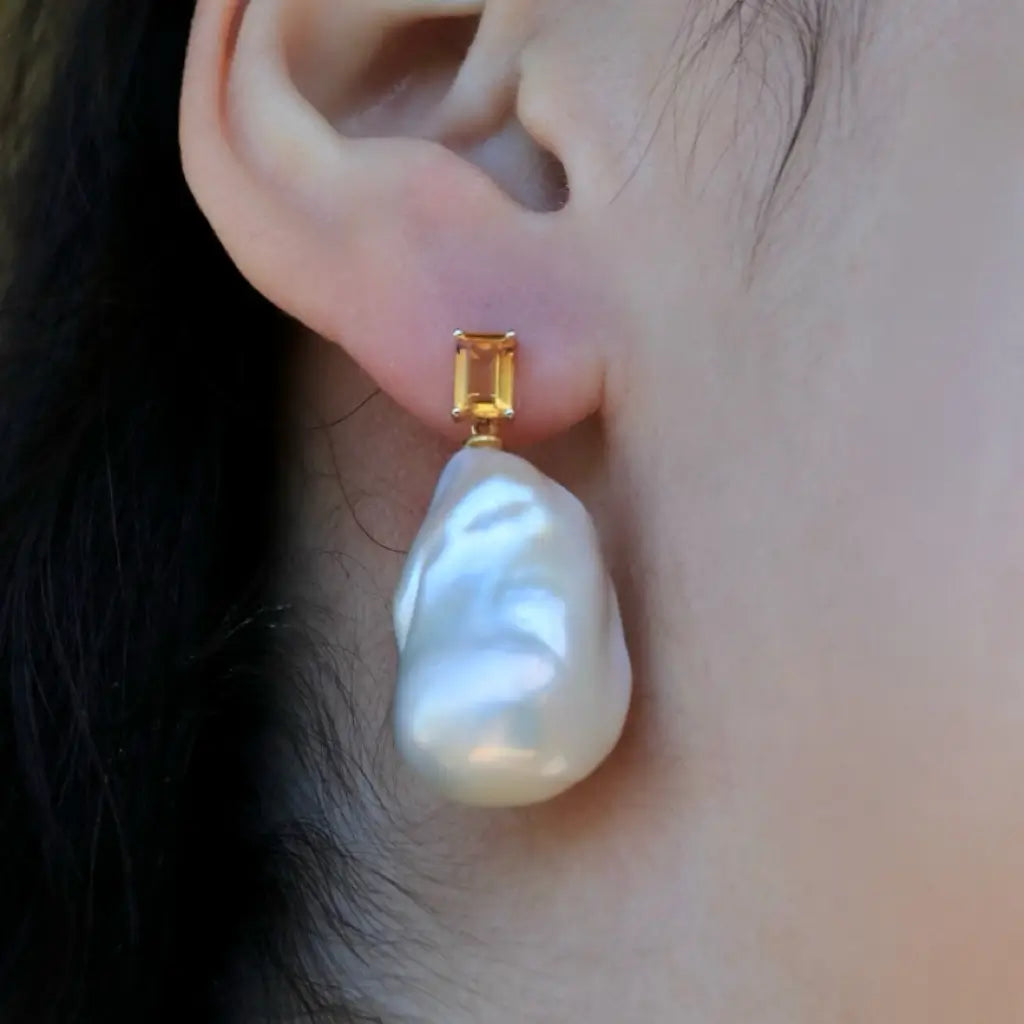 14k yellow gold natural citrine baroque pearl convertible drop earrings