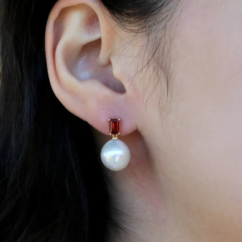 14k yellow gold red garnet round baroque pearl convertible earrings