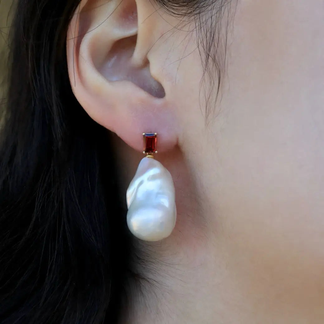 14k yellow gold emerald-cut red garnet big baroque pearl convertible drop earrings