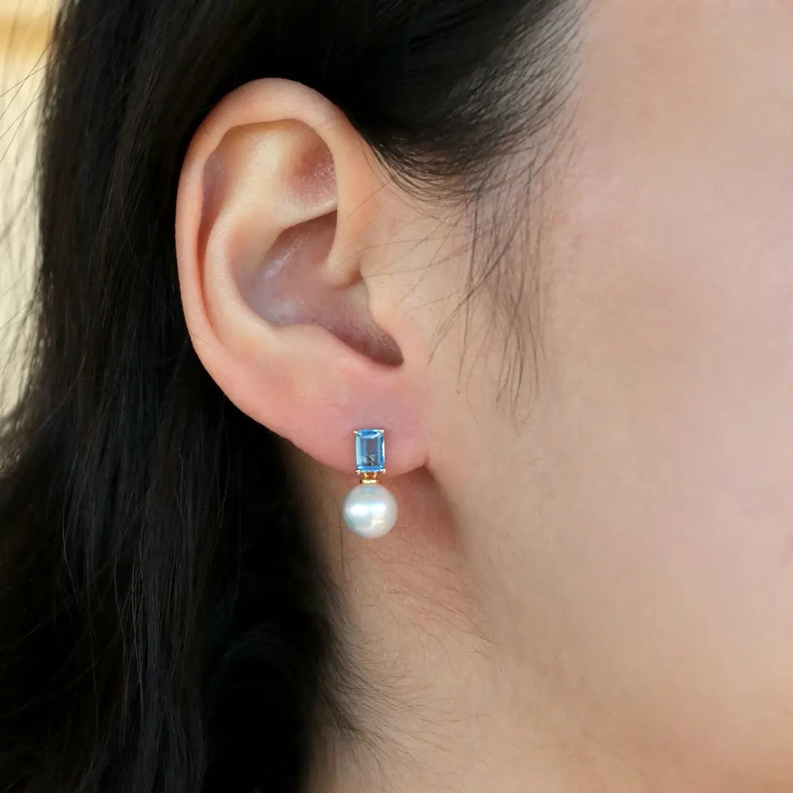 14k yellow gold natural blue topaz emerald cut cultured pearl convertible drop earrings