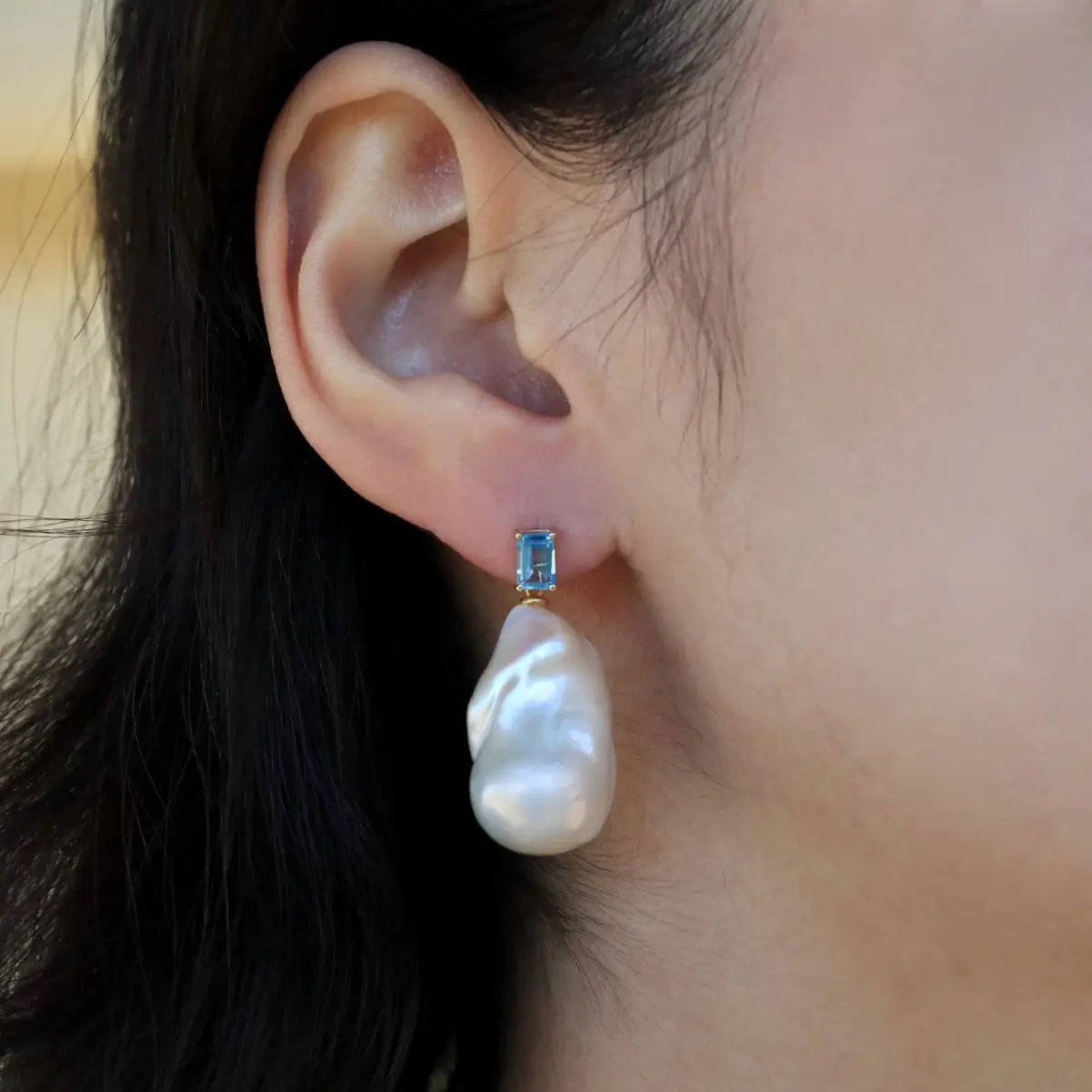 14k yellow gold emerald cut blue topaz big baroque pearl convertible drop earrings