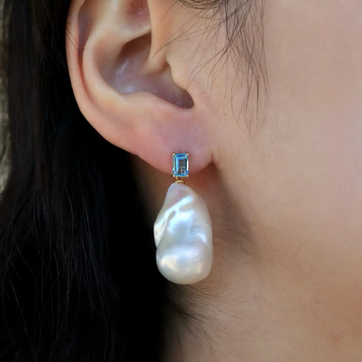 14k yellow gold emerald cut blue topaz baroque pearl convertible drop earrings