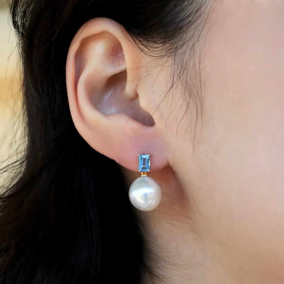 14k yellow gold natural topaz emerald cut round baroque pearl convertible earrings