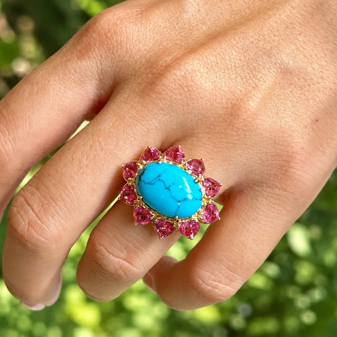 Bloom Halo 6.15 ctw Natural Turquoise & Pink Tourmaline East-West Ring (One-of-a-Kind)