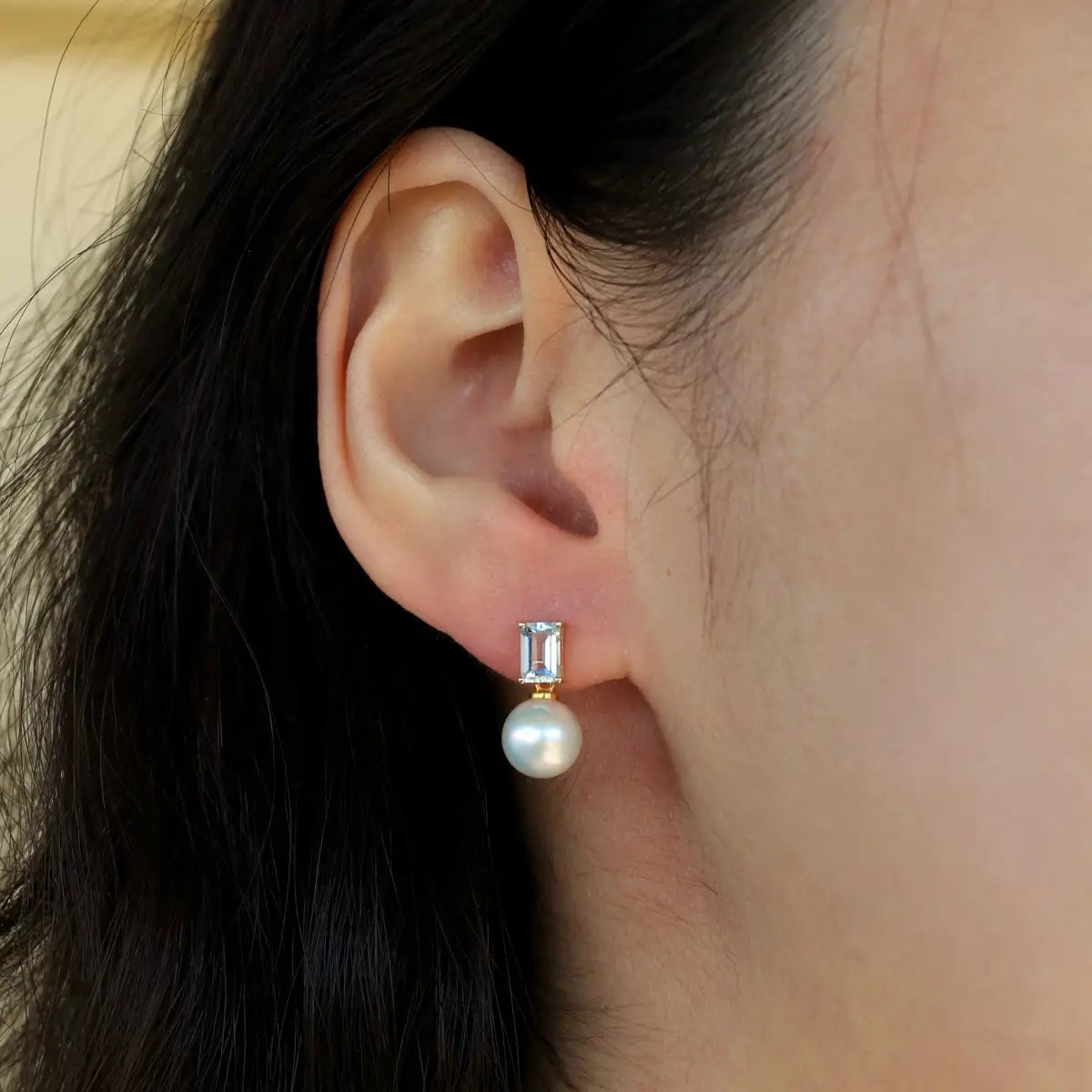 sky blue aquamarine emerald cut 14k yellow gold drop earrings