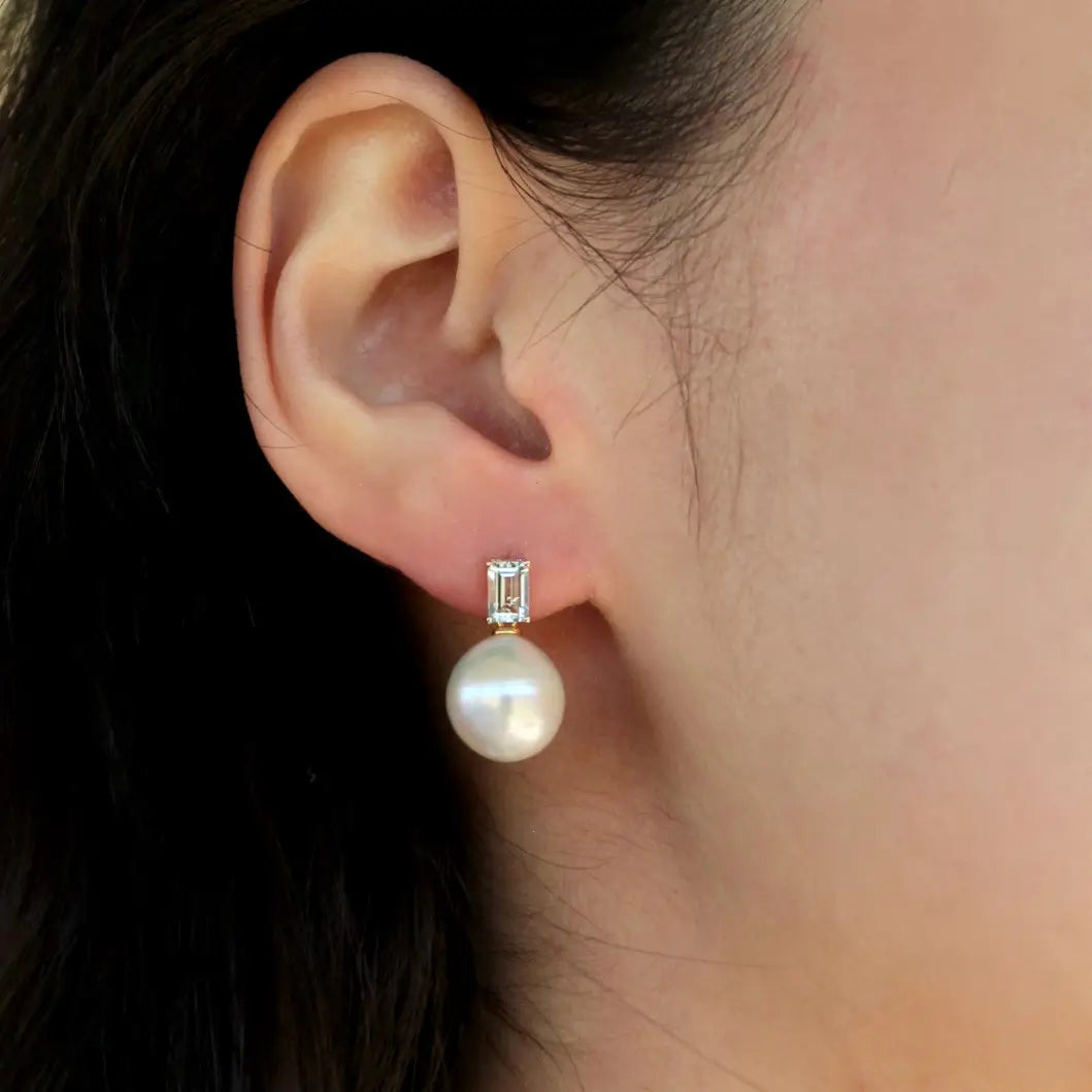 14k yellow gold natural emerald cut aquamarine and round pearl earrings